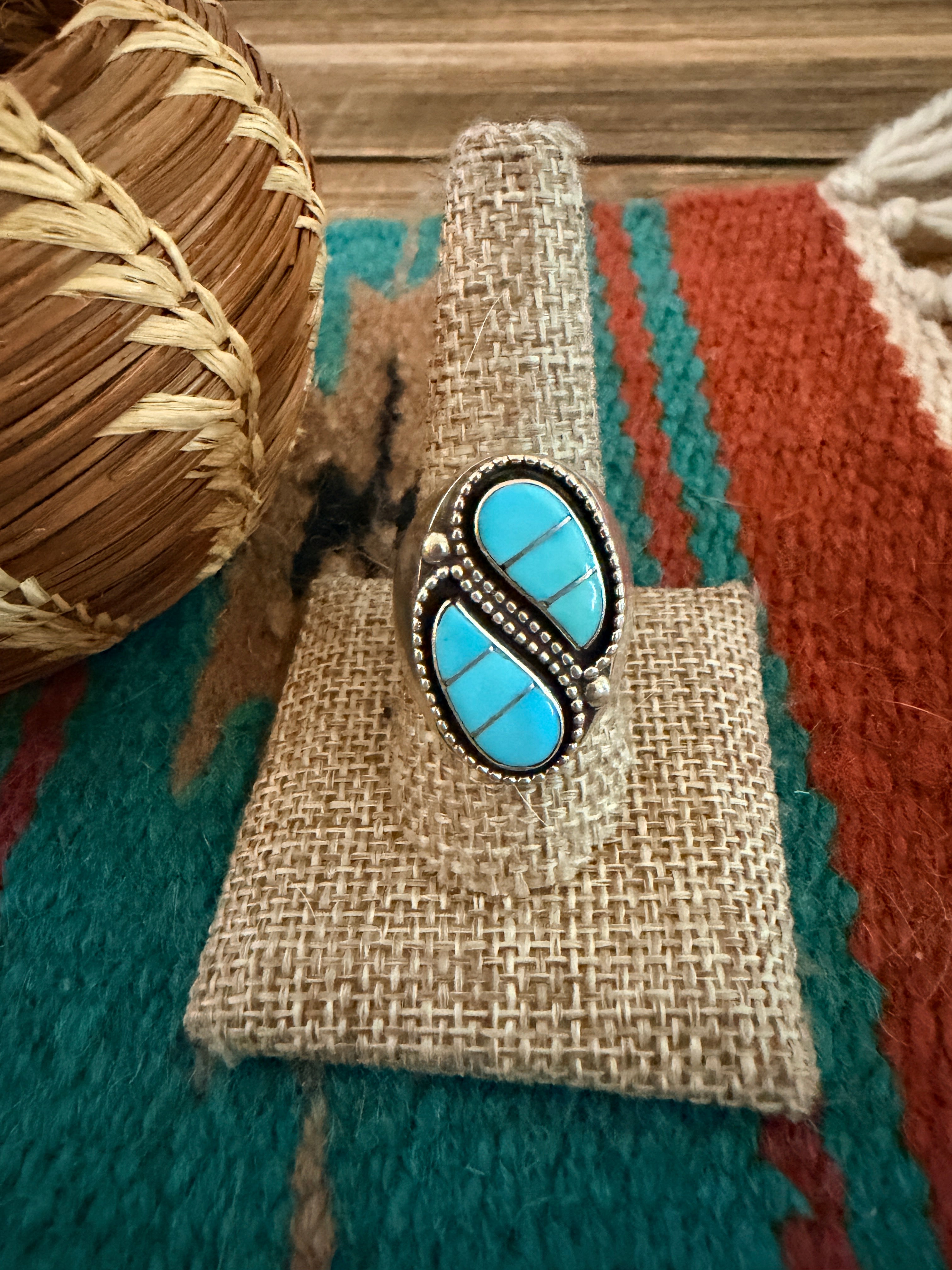 Old Pawn Handcrafted Turquoise & Sterling Silver Inlay Cigar Band Ring Size 10