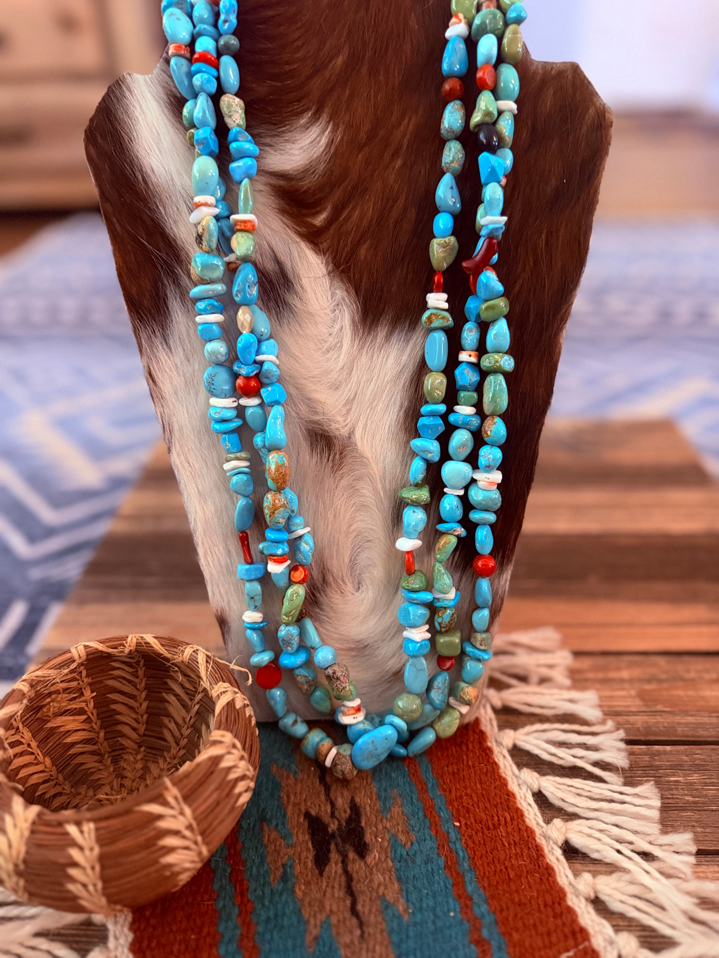 Old Pawn Handcrafted Turquoise, Coral & Shell Beaded 30” Necklace
