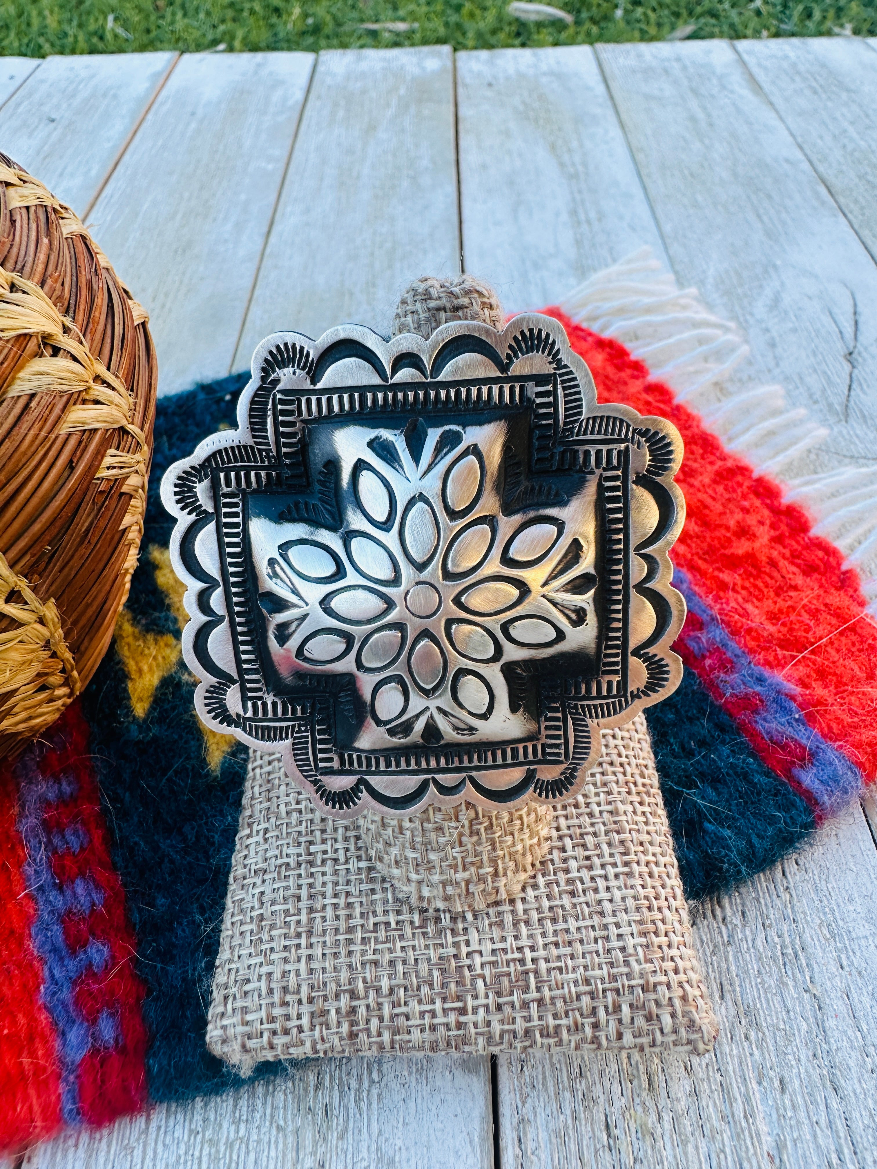 Handcrafted Sterling Silver Adjustable Cross Concho Ring by Leander Tahe