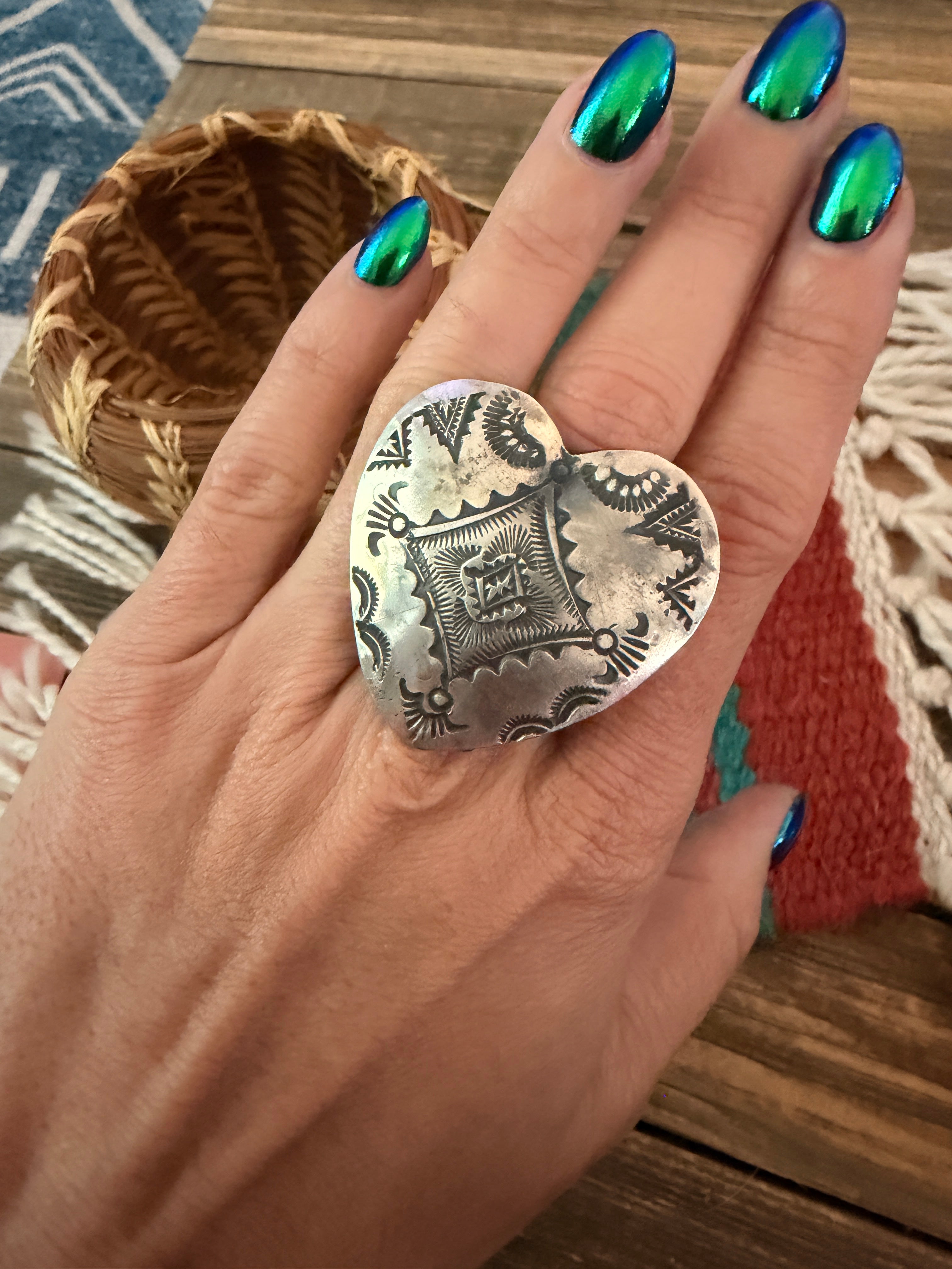 Handcrafted Sterling Silver Adjustable Heart Concho Ring by Vincent Platero