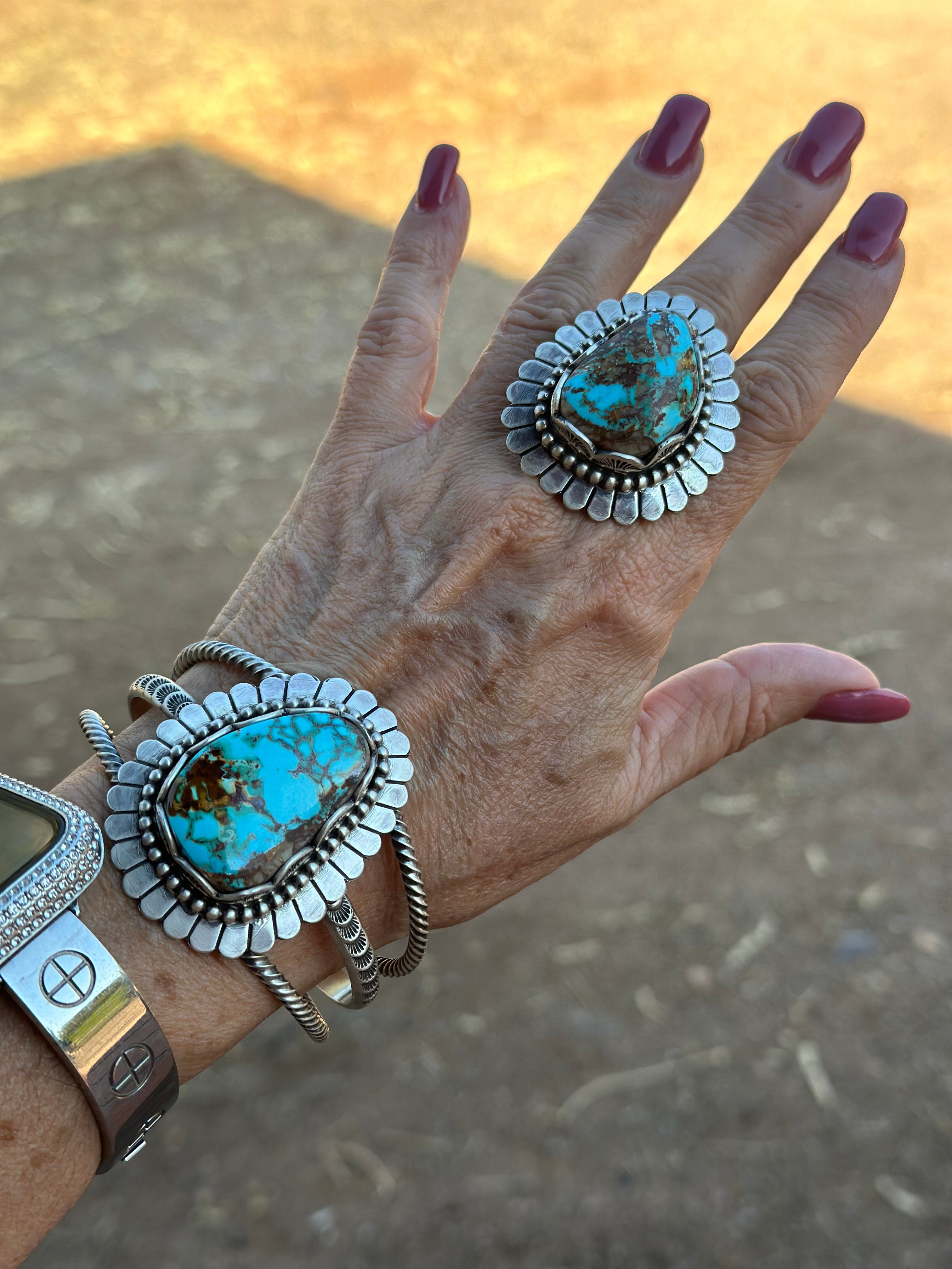 Charles Johnson Navajo Number 8 Turquoise & Sterling Silver Necklace, Bracelet and Ring Set Signed
