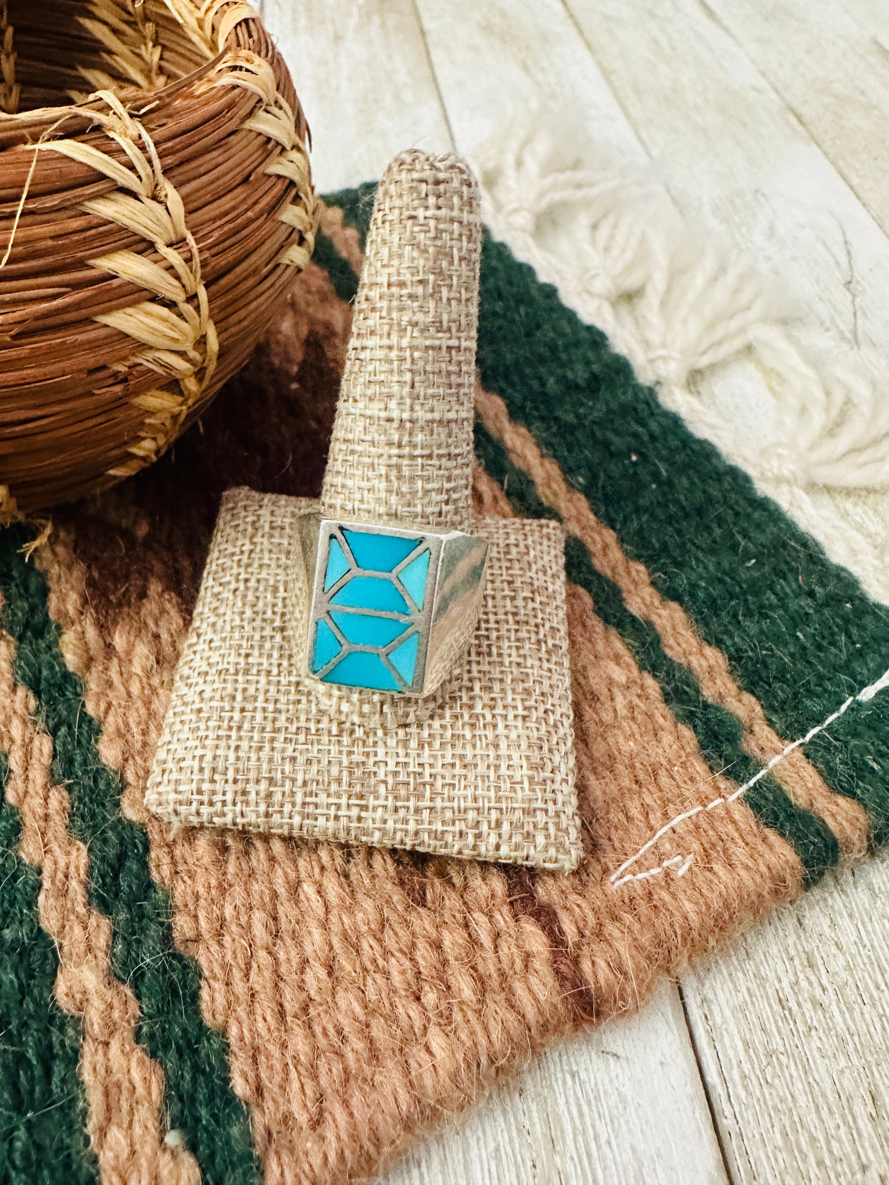 Old Pawn Handcrafted Turquoise & Sterling Silver Inlay Ring Size 12.75