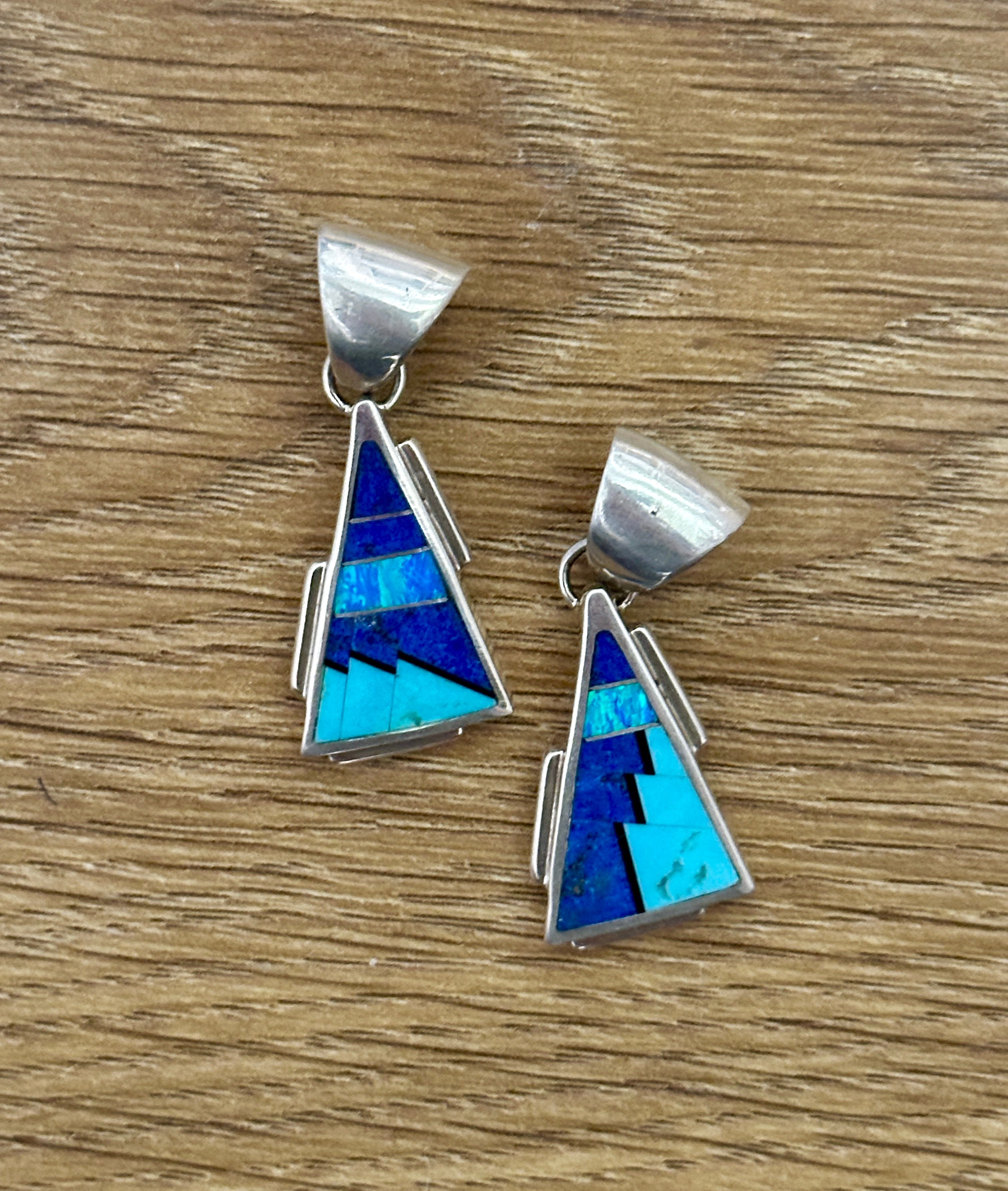 Handcrafted Lapis Turquoise Blue Opal Triangle Pendant 1.5”