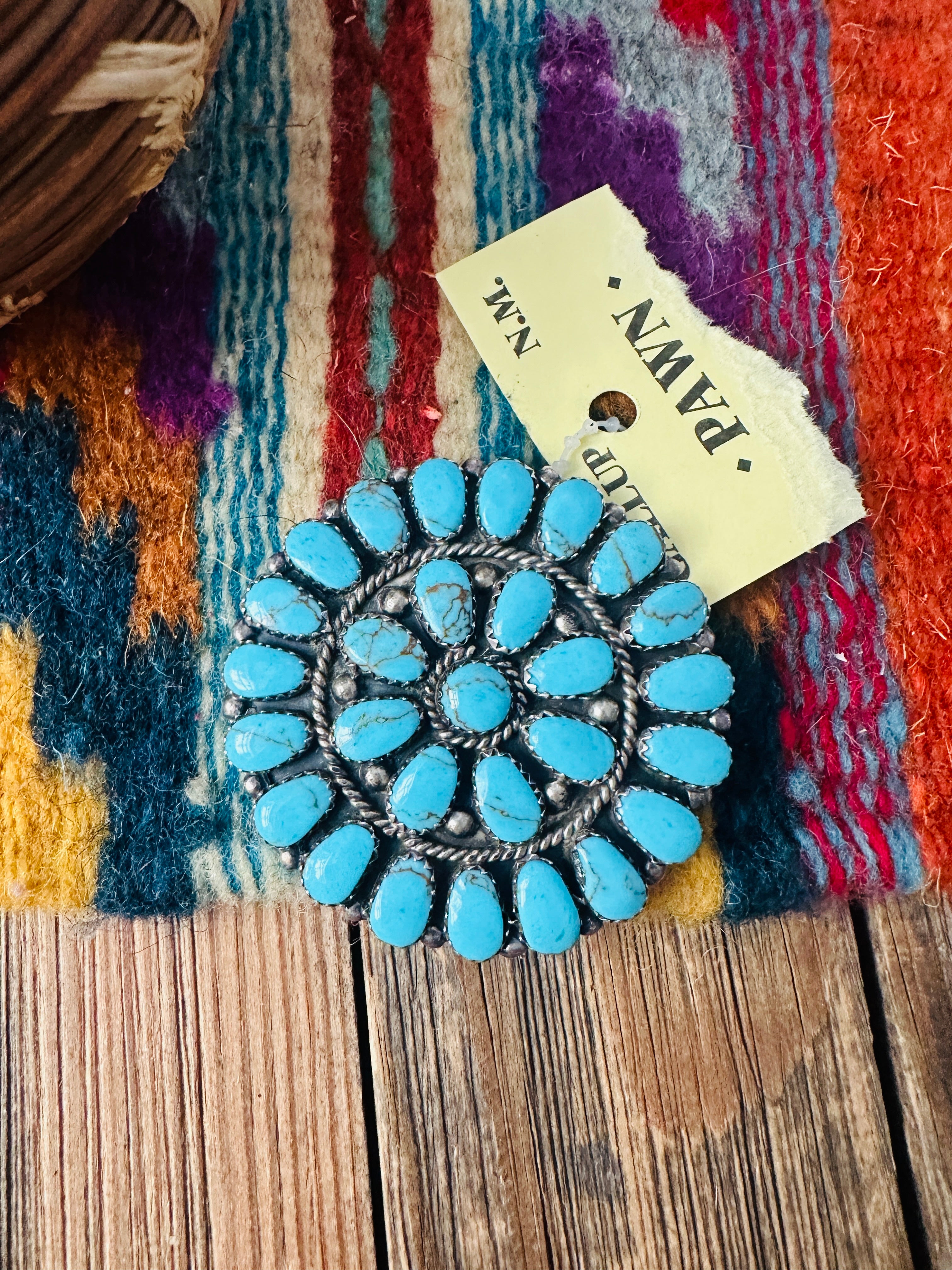 Old Pawn Handcrafted Turquoise and Sterling Silver Cluster Brooch/ Pendant