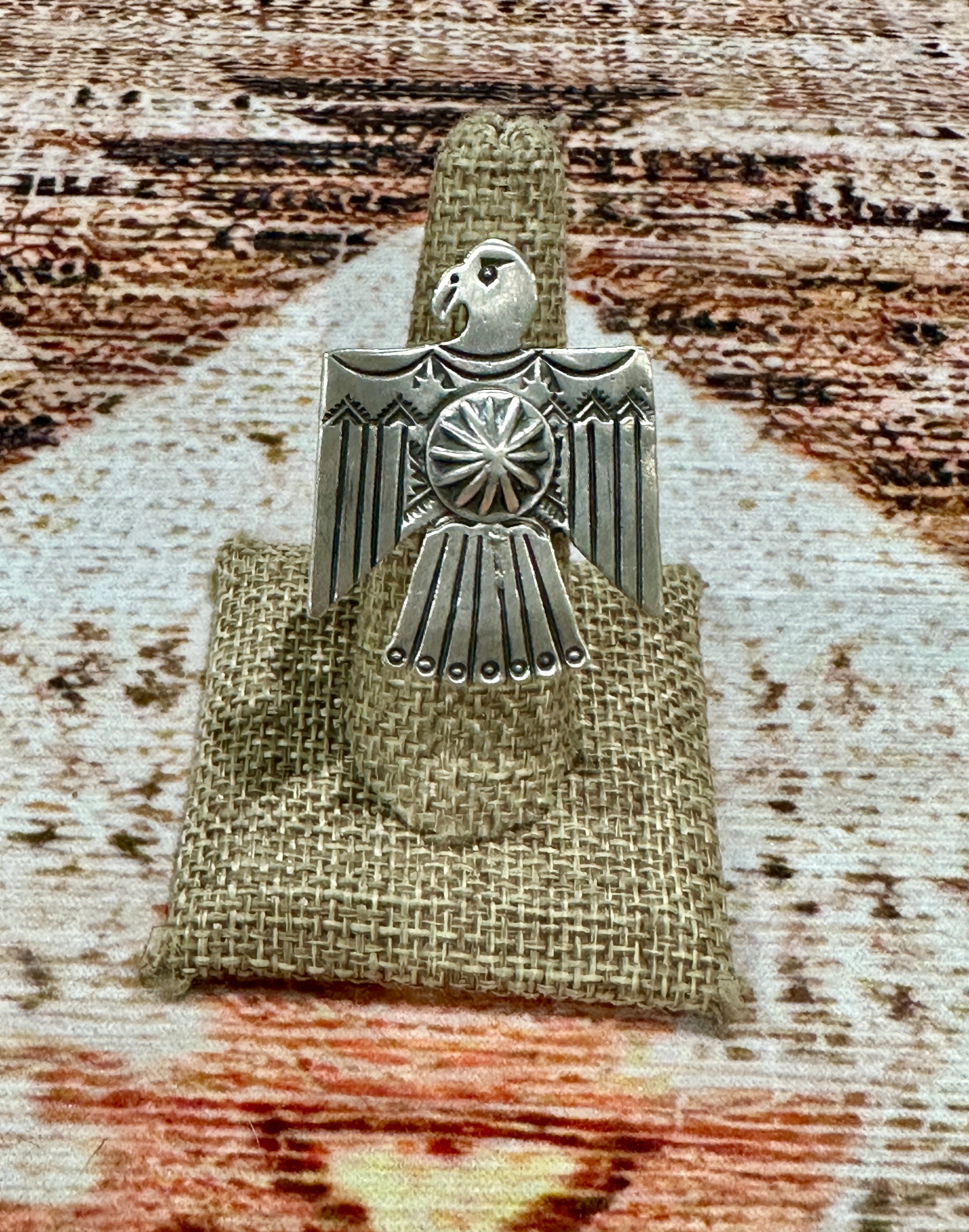 Handcrafted Hand Stamped Sterling Silver Thunderbird Adjustable Ring by Leroy James