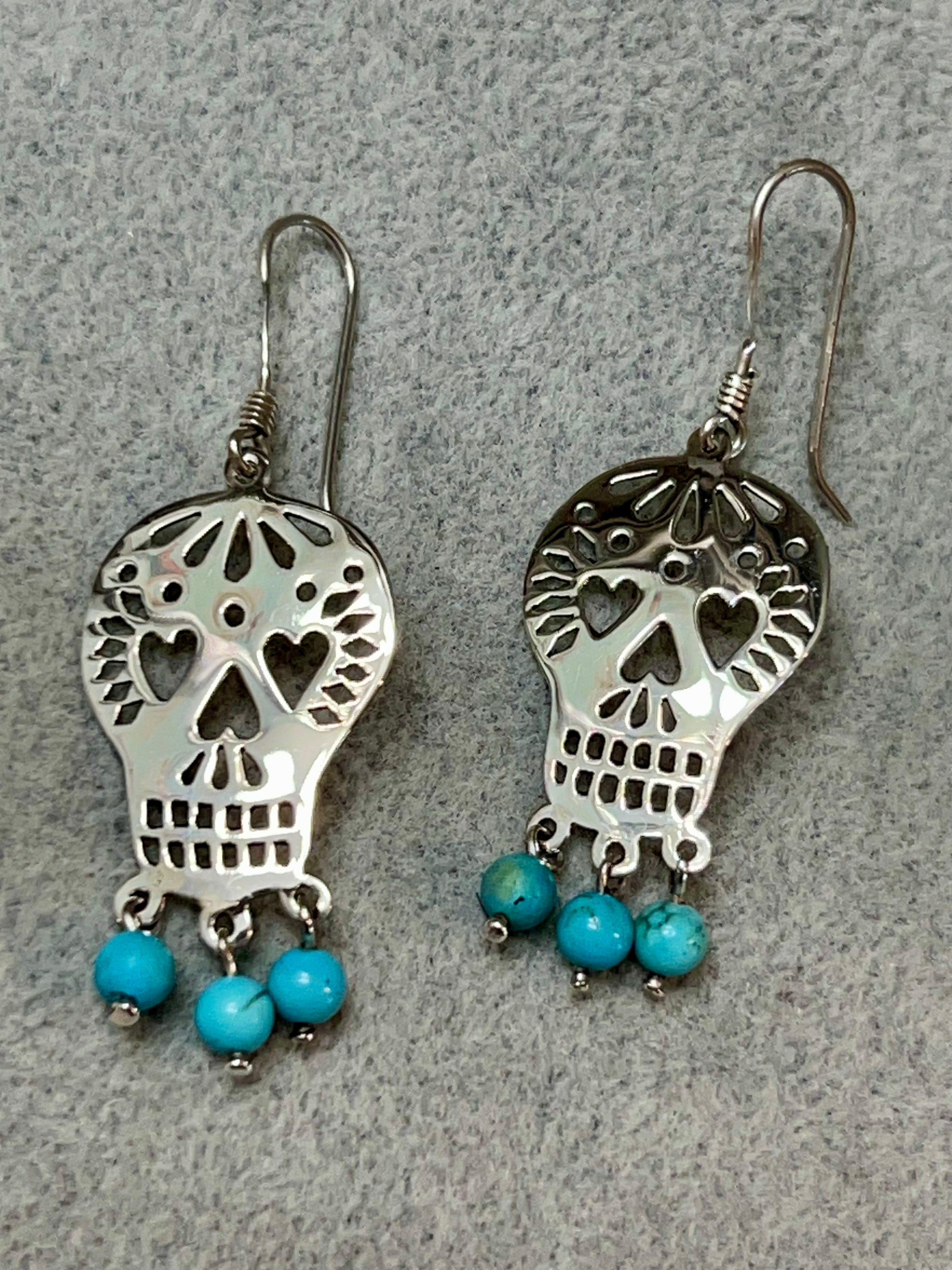 Sugar Skull with 3 Turquoise Beads Sterling Silver Earrings