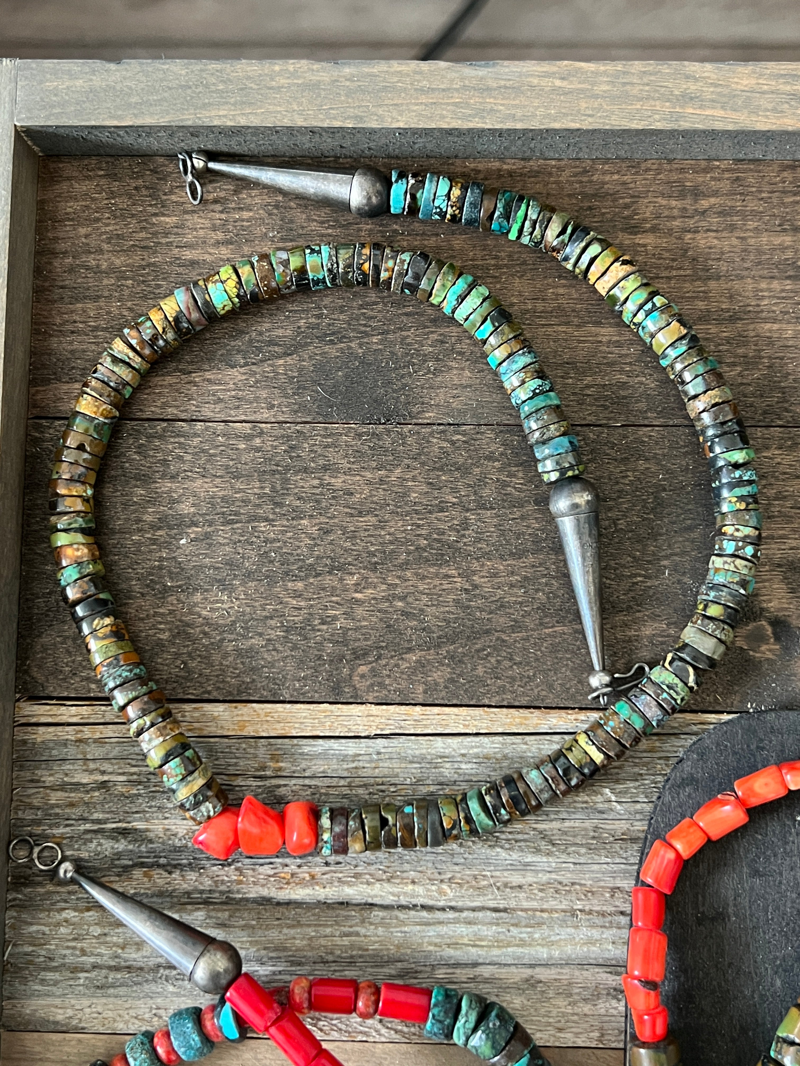 Handcrafted Hubei Turquoise Beaded Necklace with Sterling Silver and Bamboo Coral by Kirby Smith: 13 To Choose From!