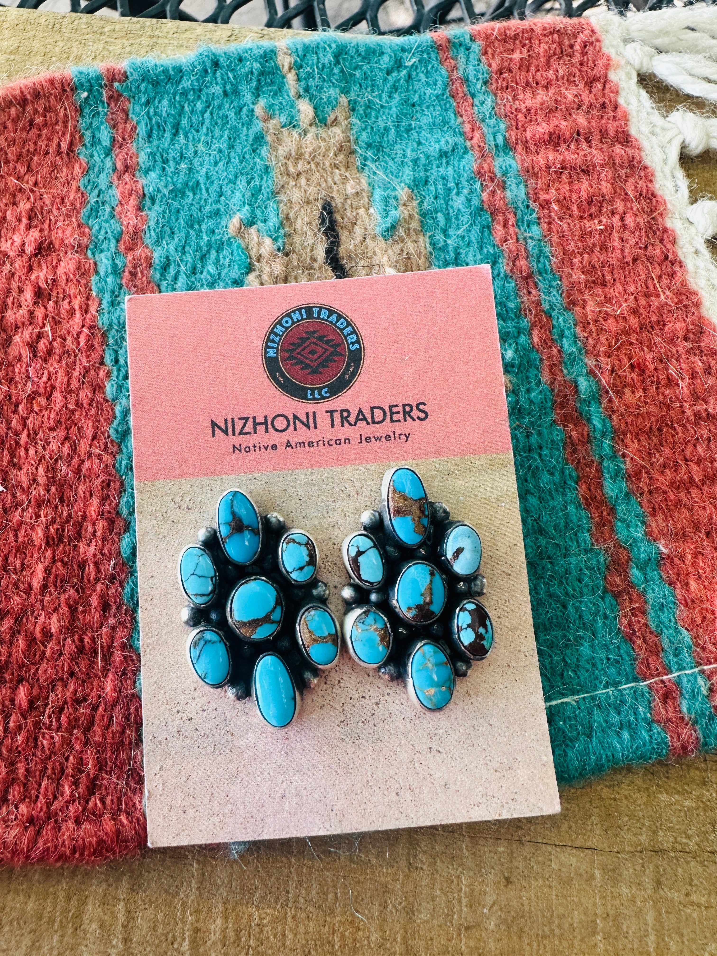 Handcrafted Sterling Silver & Kingman Web Turquoise Cluster Post Earrings