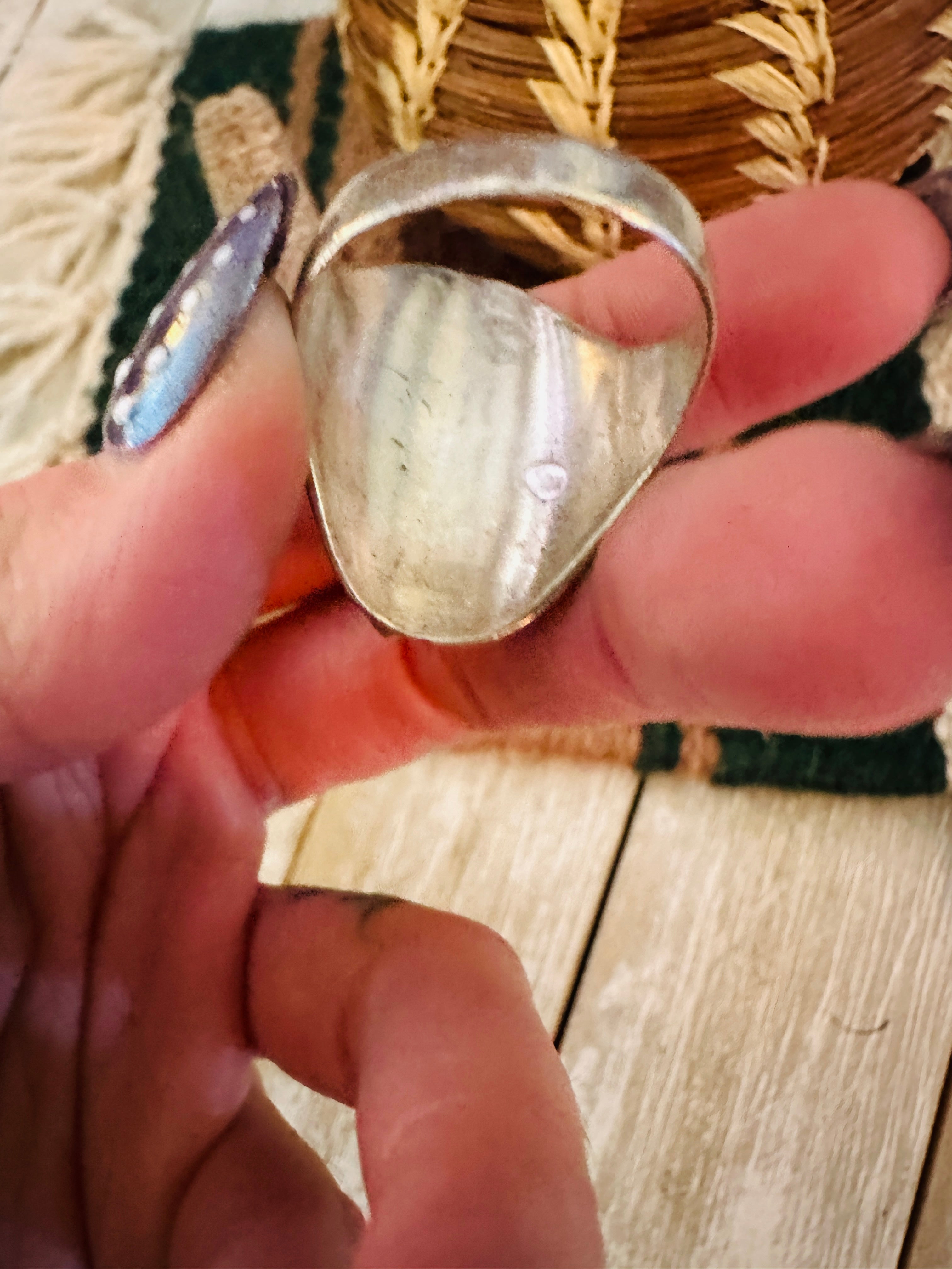 Old Pawn Handcrafted Turquoise, Coral & Sterling Silver Ring Size 11.75