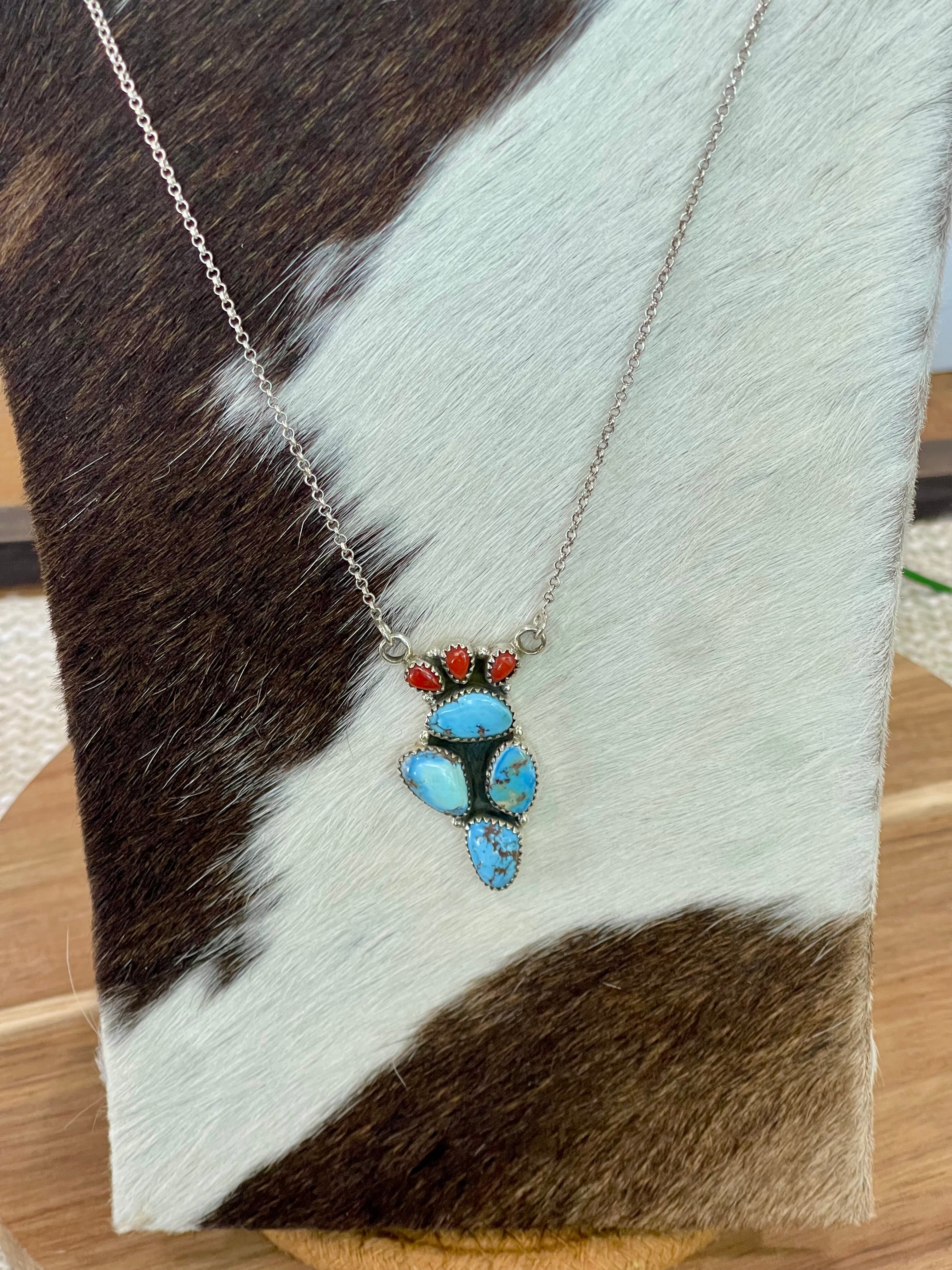 Handmade Sterling Silver, Golden Hills Turquoise & Coral Necklace Signed Nizhoni