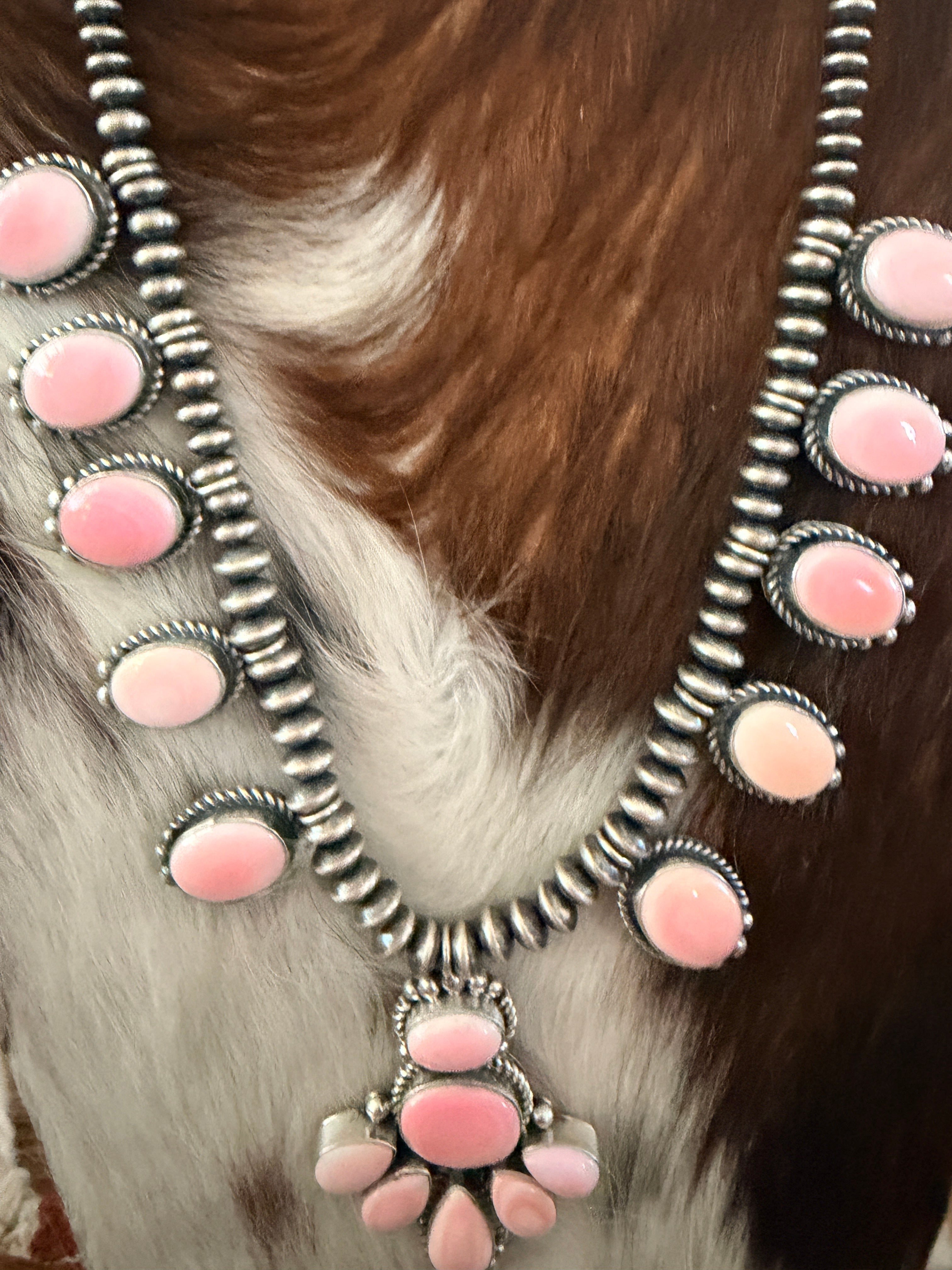 Handcrafted Queen Pink Conch & Sterling Silver Cluster Necklace and Earring Set