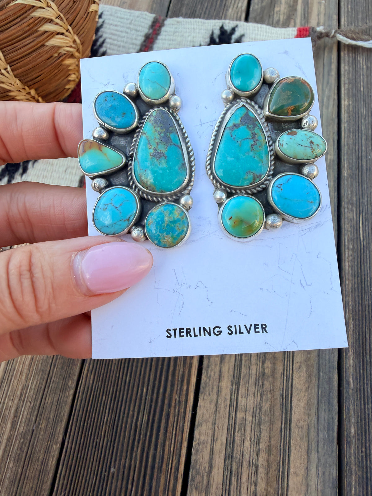 Handcrafted Turquoise & Sterling Silver Cluster Post Earrings by Geraldine James