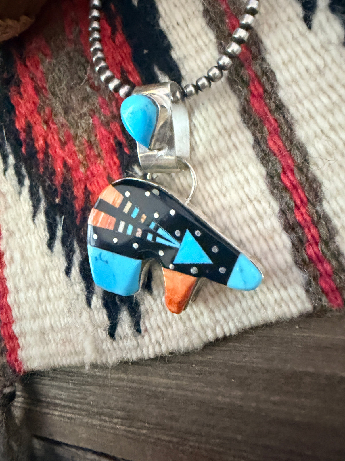 Handcrafted Sterling Silver and Multi Stone Inlay Bear Pendant by Ray Jack