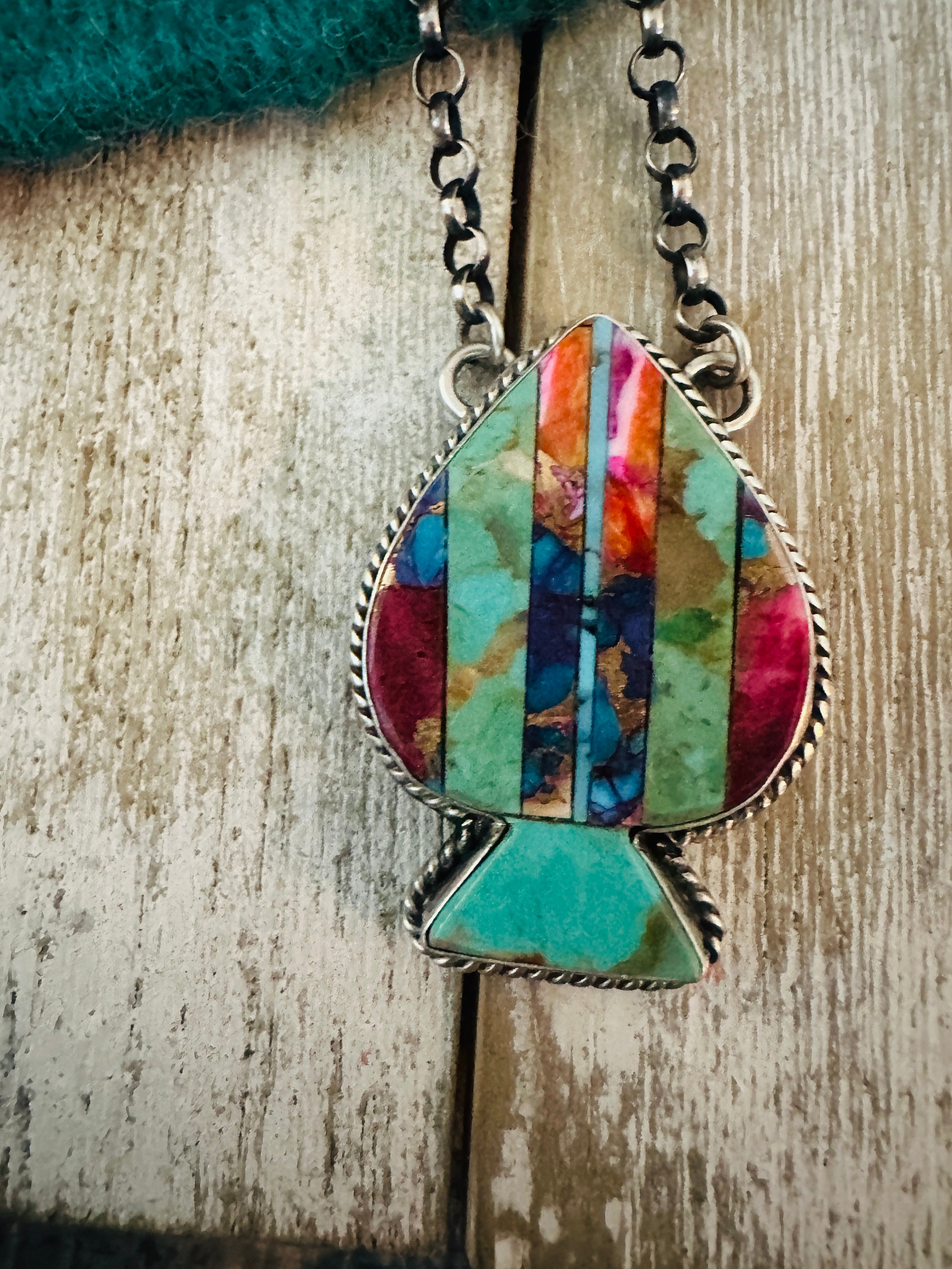 Navajo Sterling Silver & Multi Stone Inlay Spade Necklace