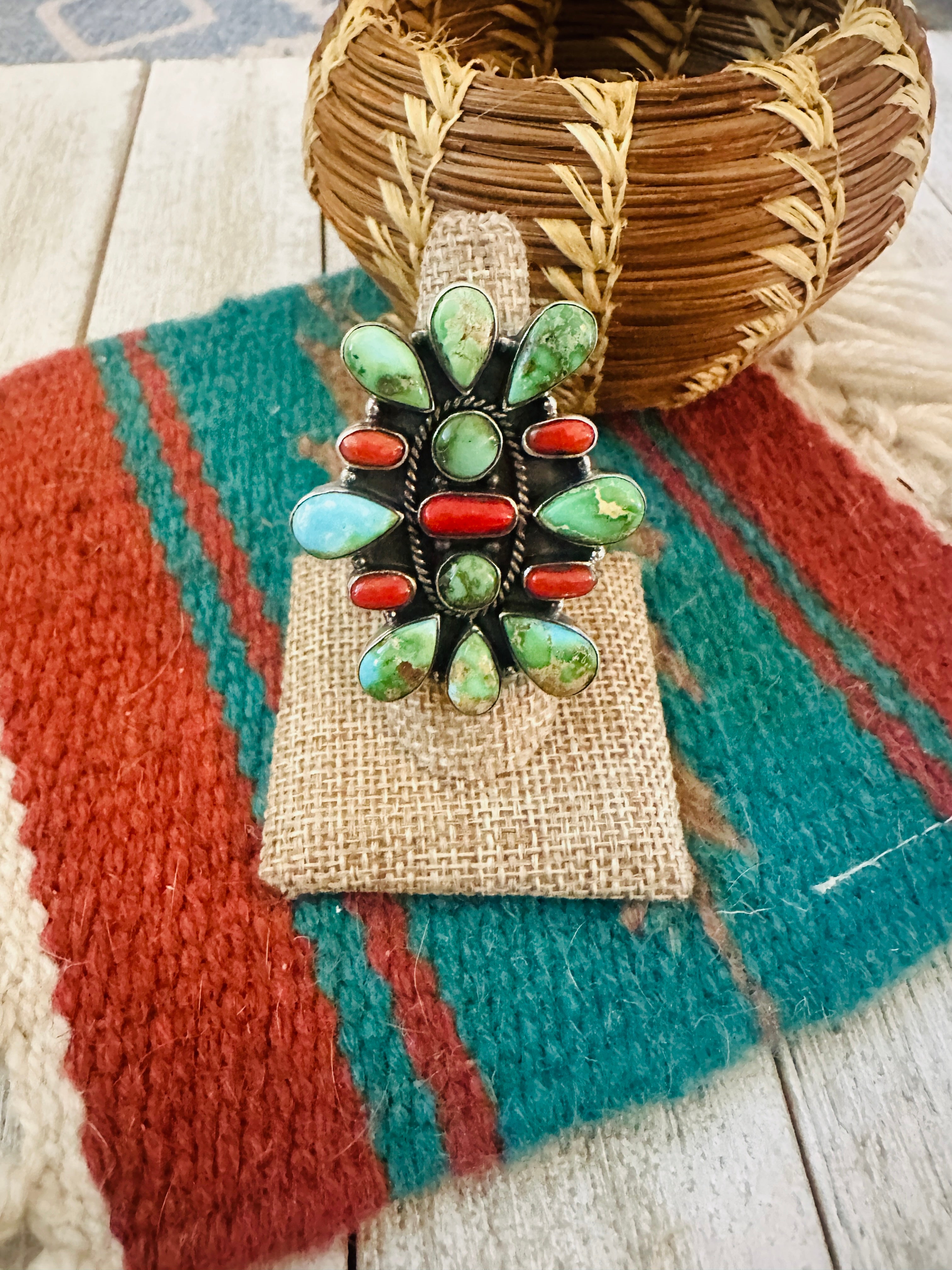 ** Christmas Collection ** Handmade Sterling Silver, Turquoise & Coral Adjustable Ring Signed Nizhoni