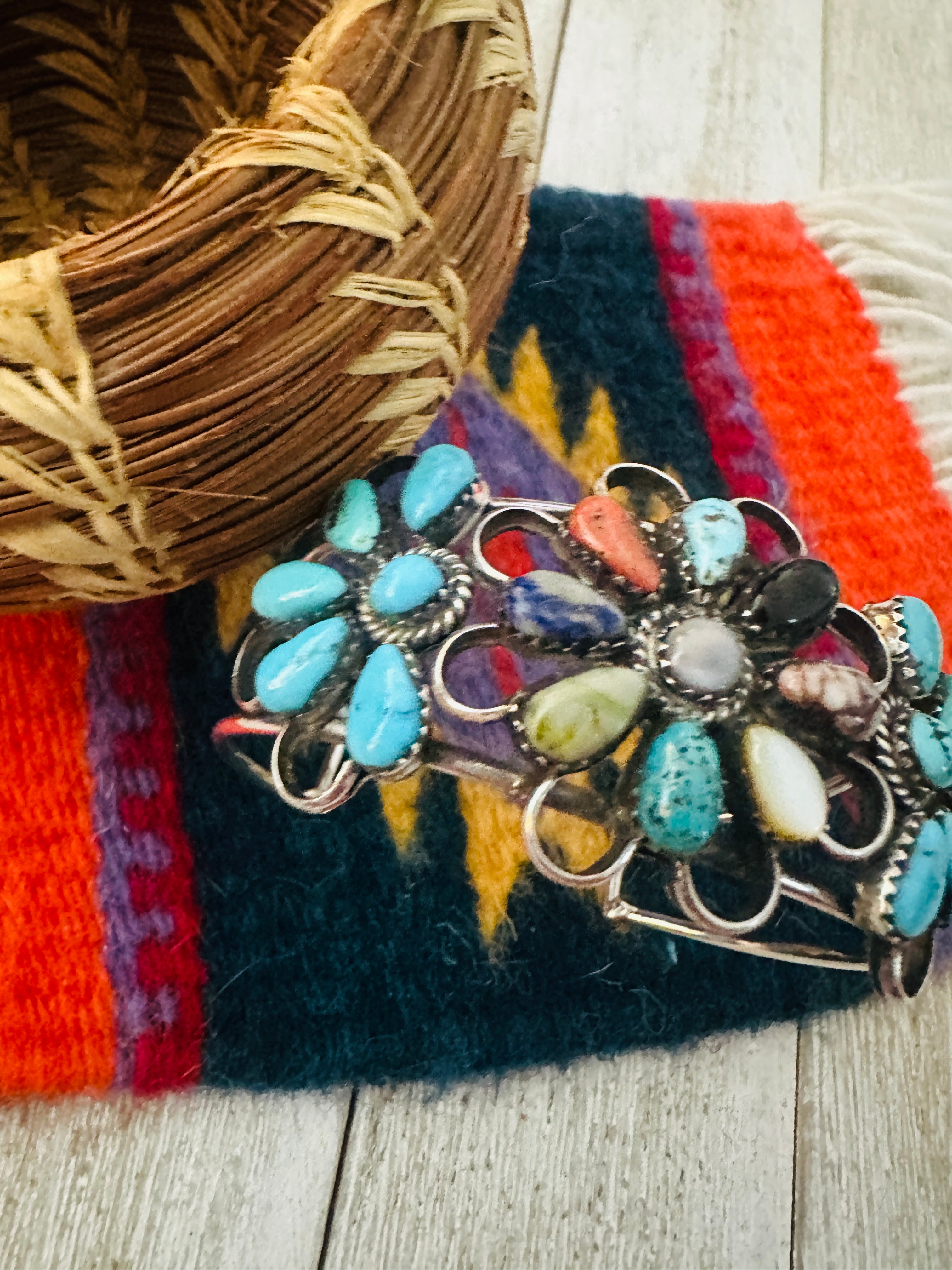 Handcrafted Multi Stone & Sterling Silver Flower Cuff Bracelet