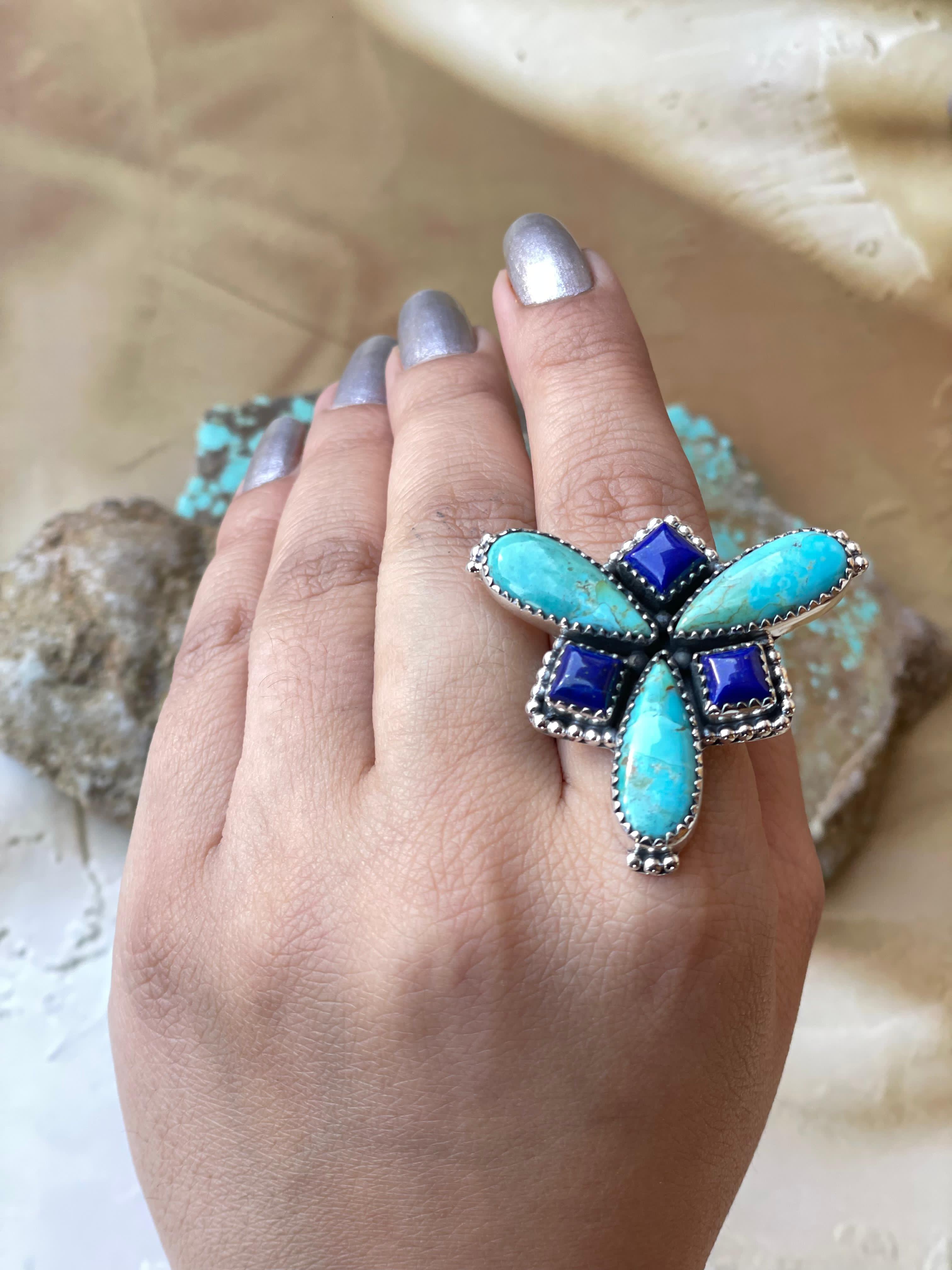 Handmade Sterling Silver Lapis, Turquoise Adjustable Ring