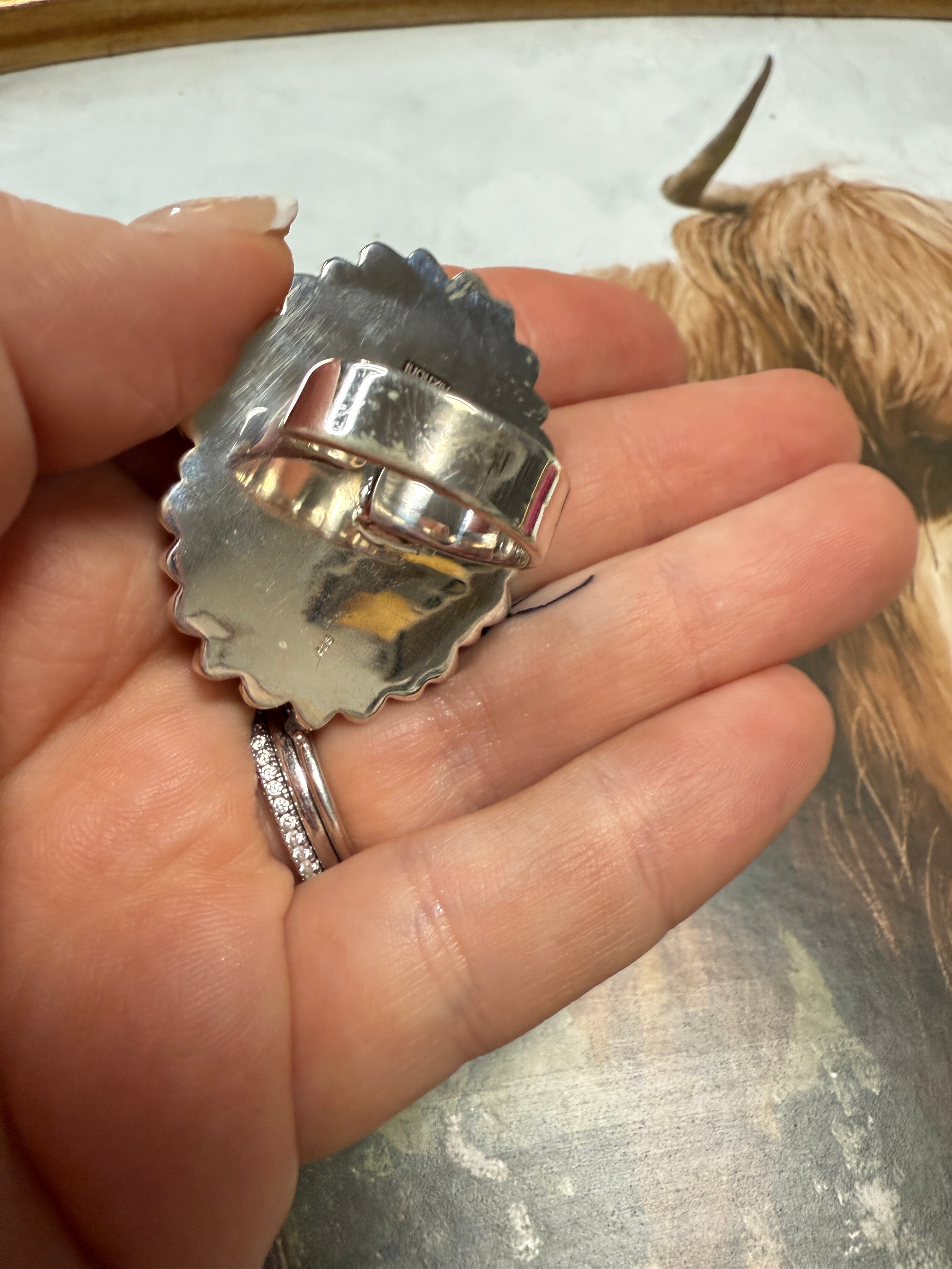 Beautiful Handmade New Lander Turquoise, CZ, White Buffalo And Sterling Silver Adjustable Ring