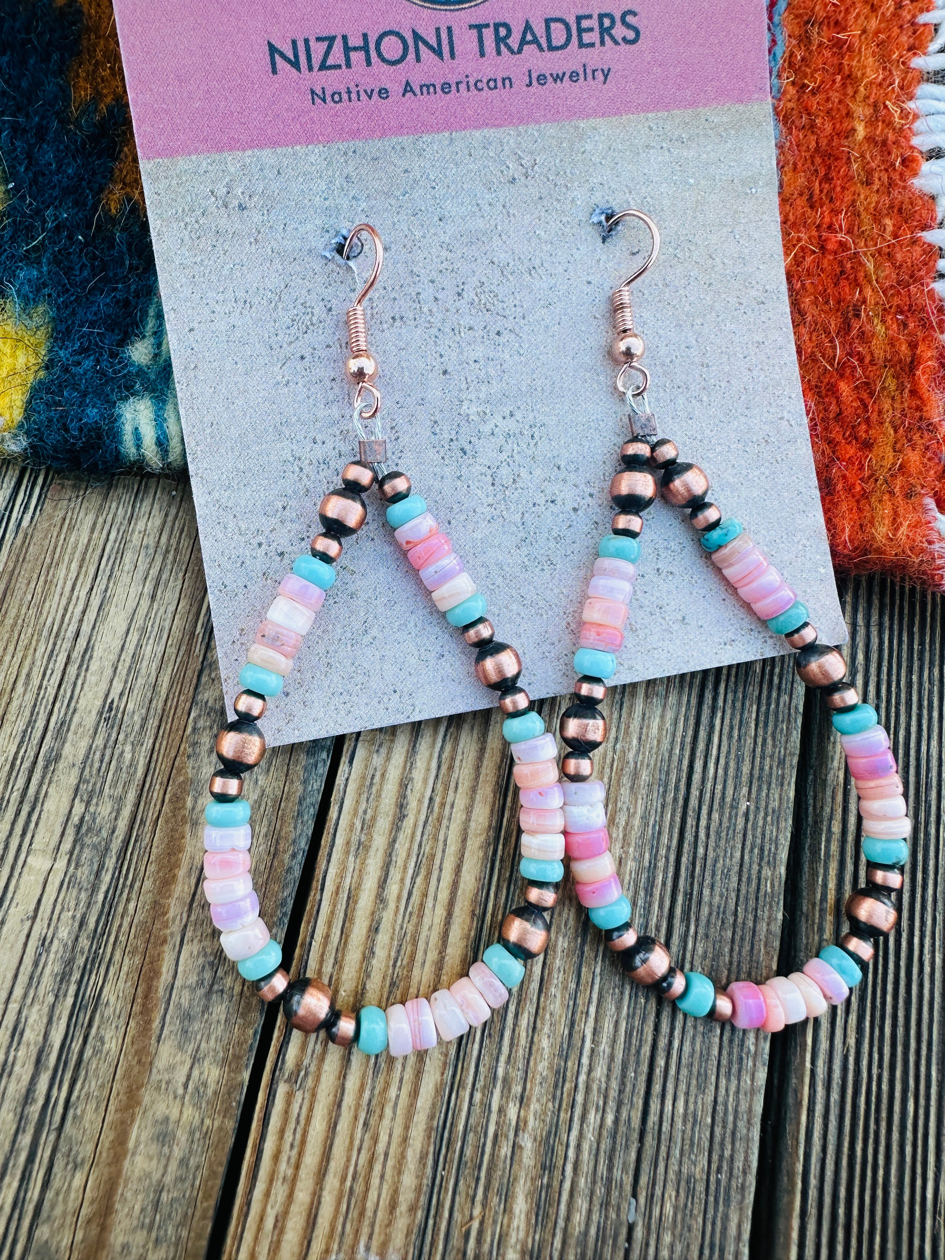 Handcrafted Queen Pink Conch, Turquoise & Copper Beaded Dangle Hoop Earrings