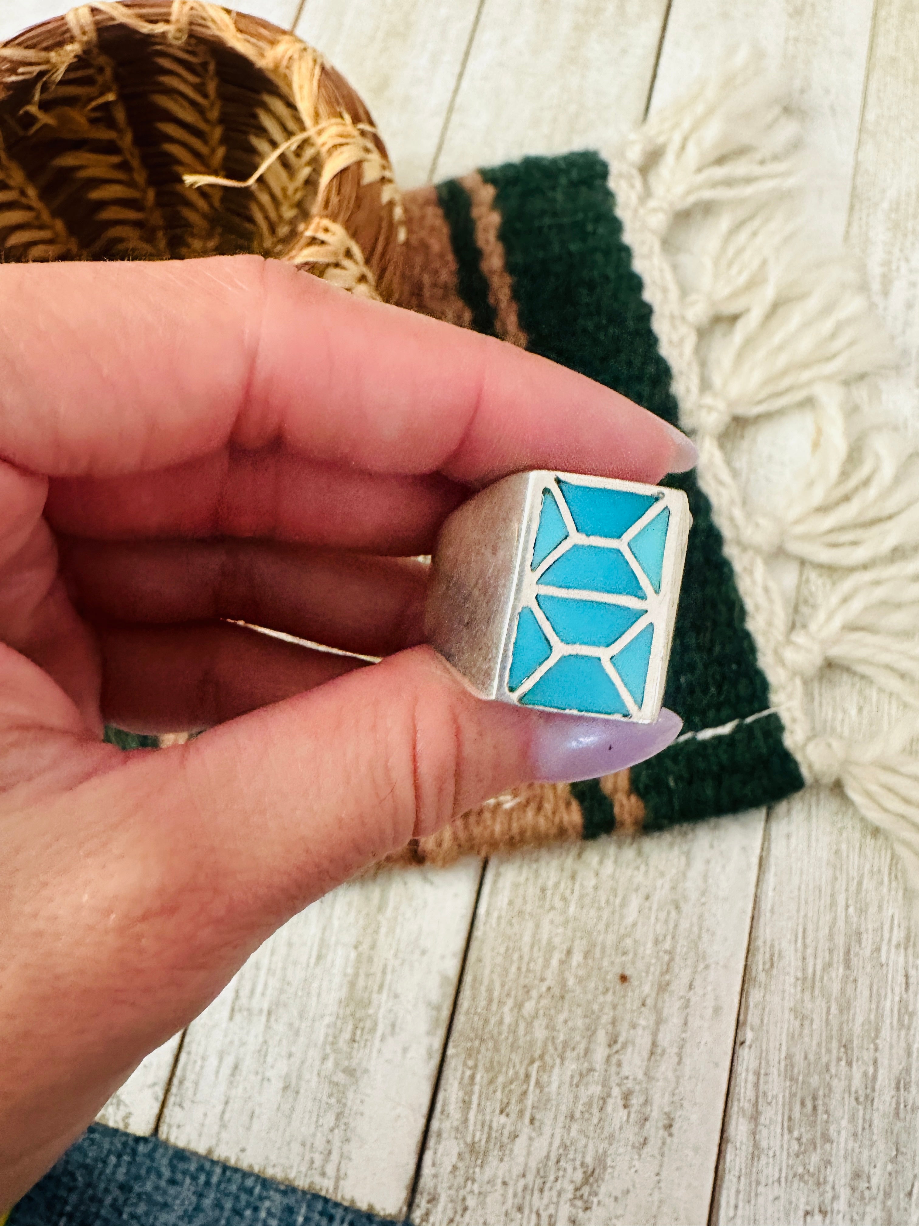 Old Pawn Handcrafted Turquoise & Sterling Silver Inlay Ring Size 12.75