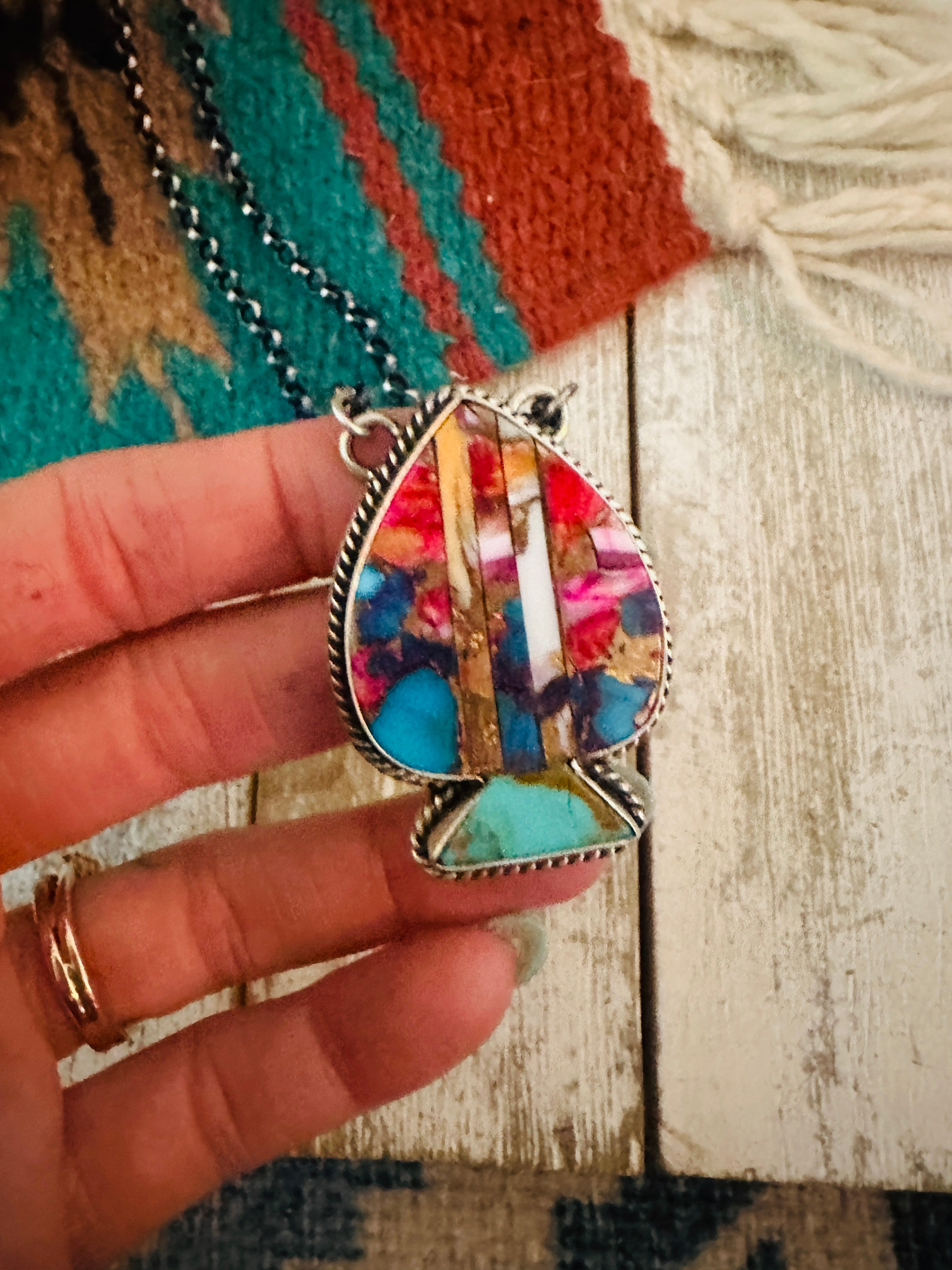 Navajo Sterling Silver & Multi Stone Inlay Spade Necklace