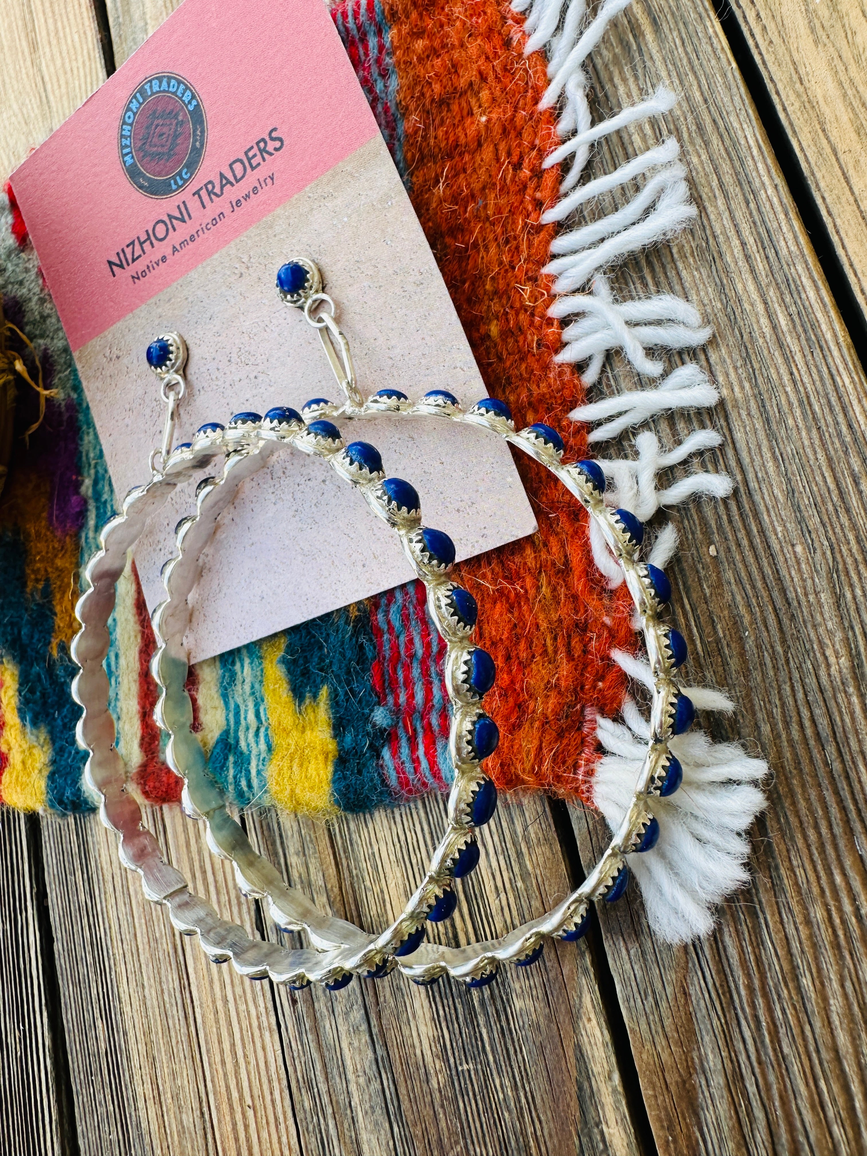 Handcrafted Lapis & Sterling Silver Dangle Hoop Earrings