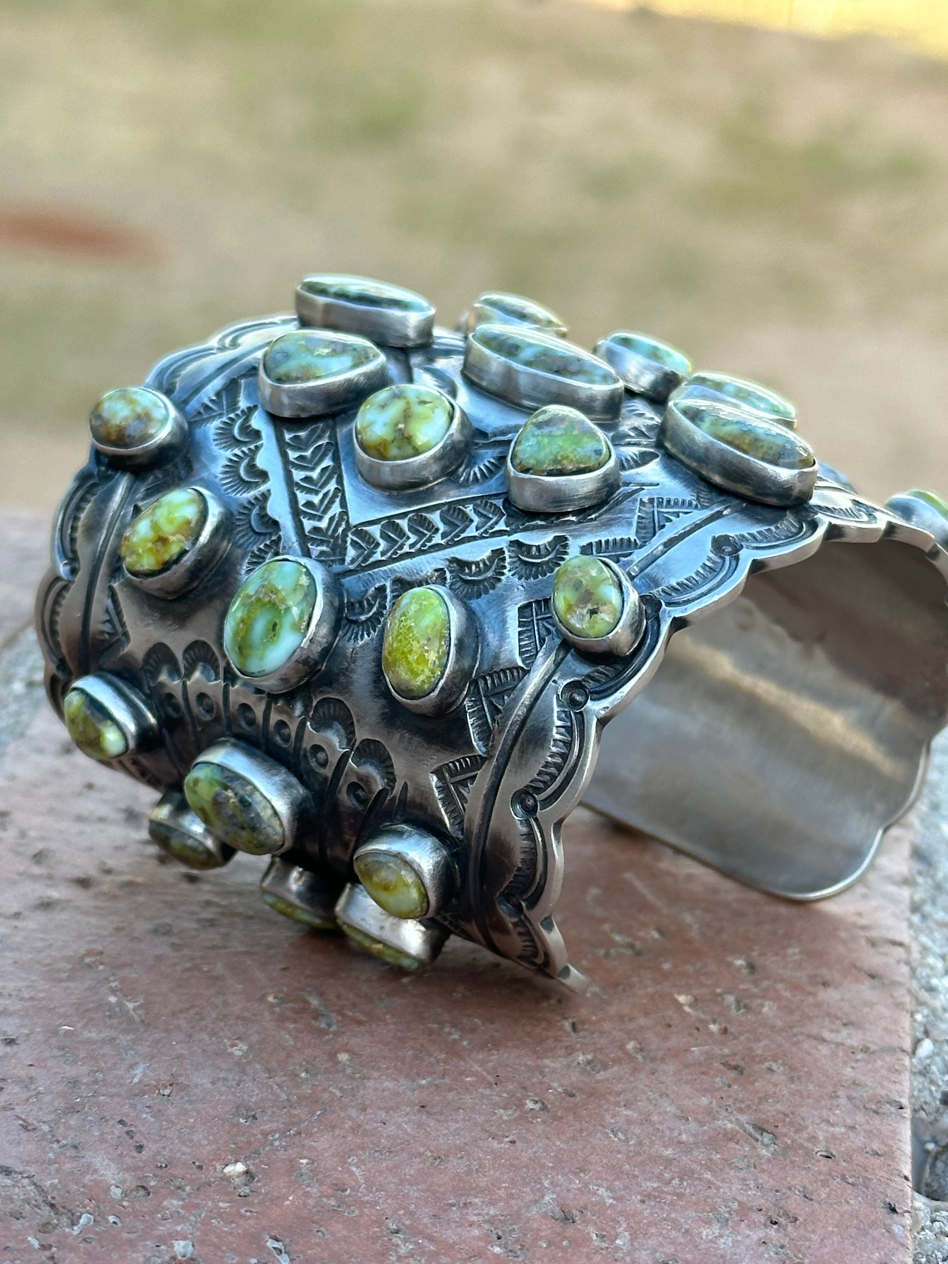 Larry James Palomino Turquoise & Sterling Silver Cluster Cuff Bracelet /