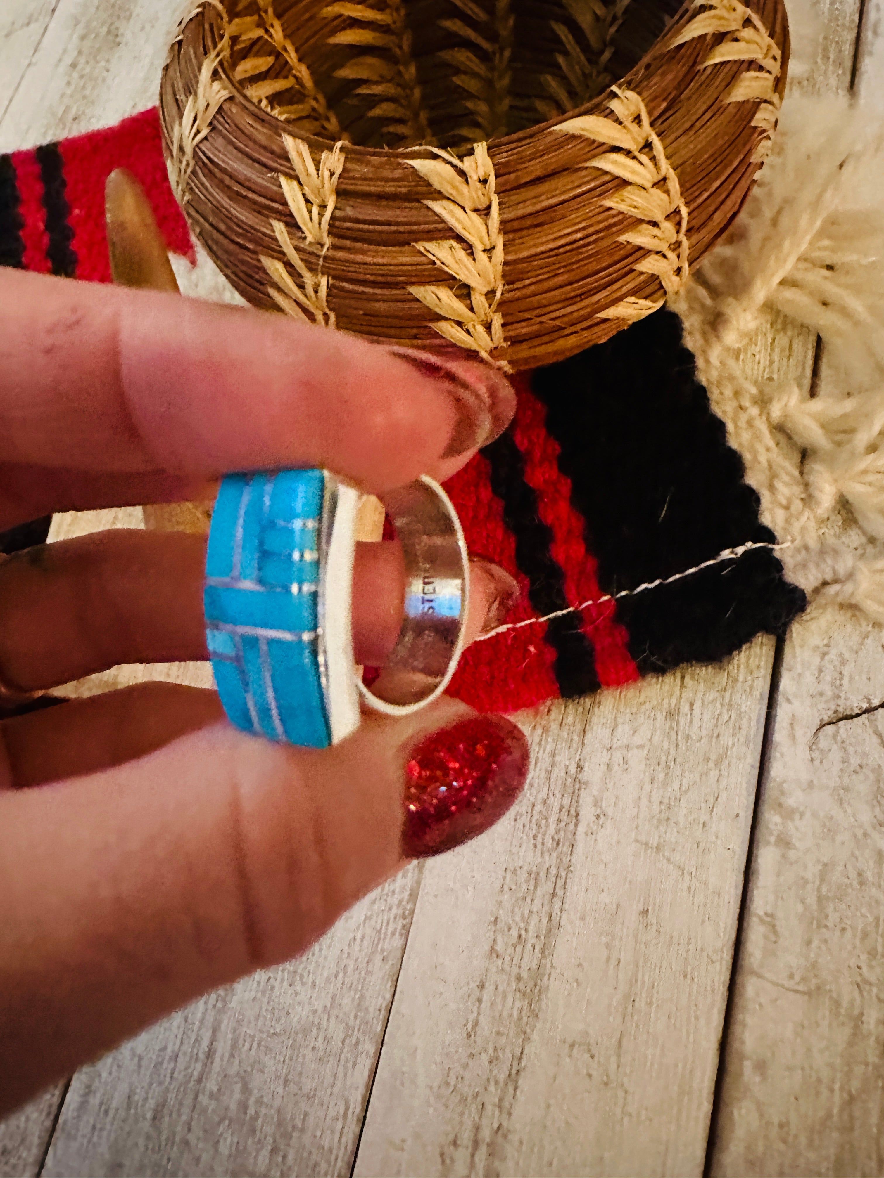 Navajo Turquoise & Sterling Silver Inlay Ring Size 7 by Julia Etsitty