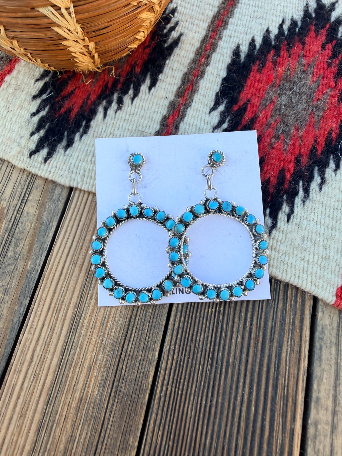 Handcrafted Sterling Silver & Turquoise Petit Point Dangle Hoop Earrings