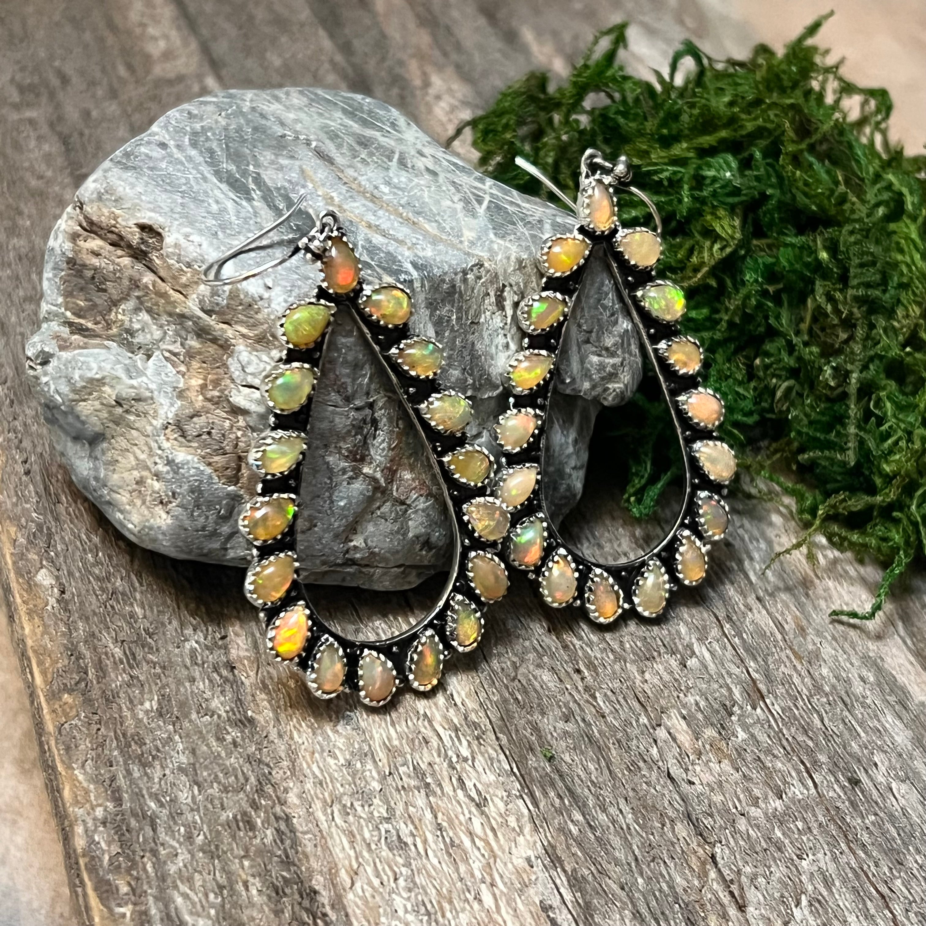 Handmade Sterling Silver & Orange Opal, Tear Drop-Cluster Wire Earrings