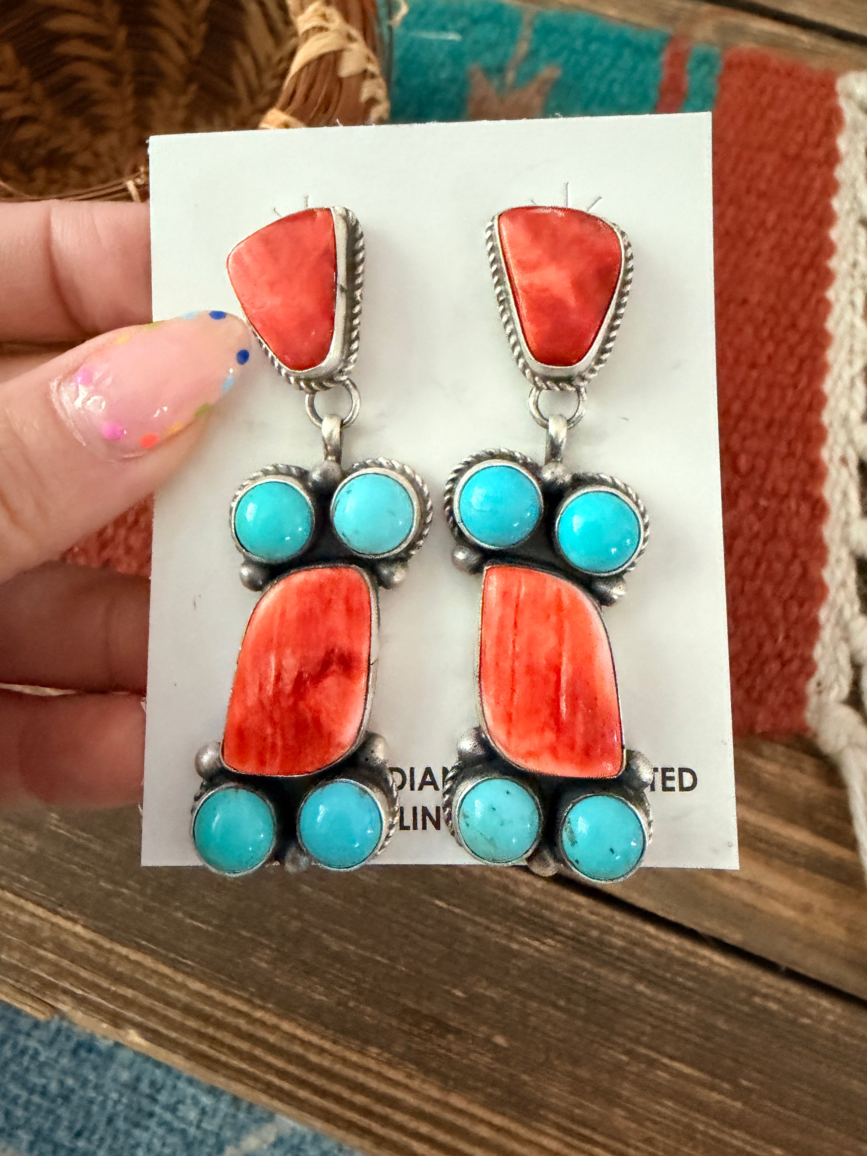 Handcrafted Sterling Silver, Turquoise & Spiny Oyster Dangle Earrings