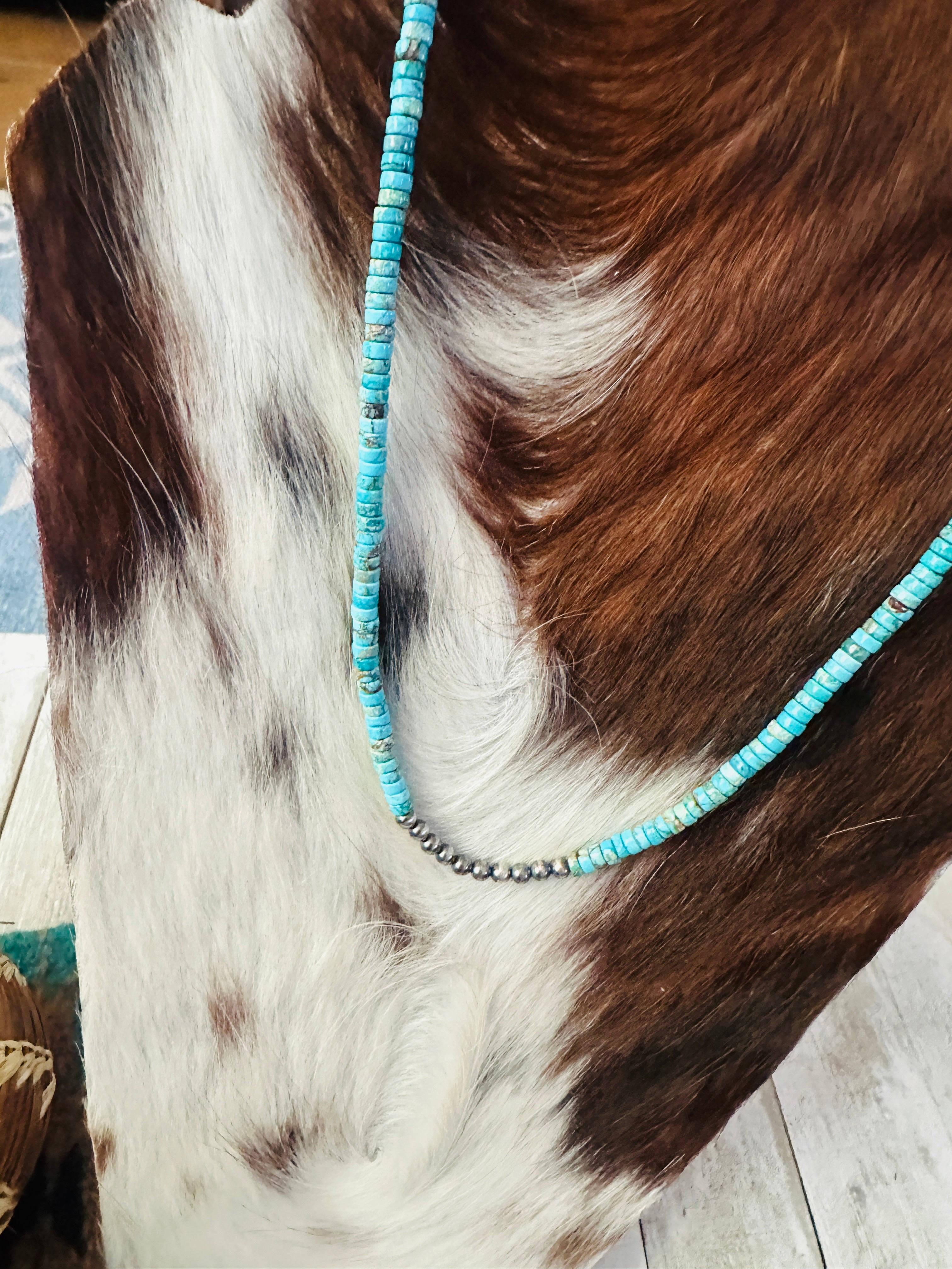 Handcrafted Turquoise & Sterling Silver Pearl Beaded Necklace 18"