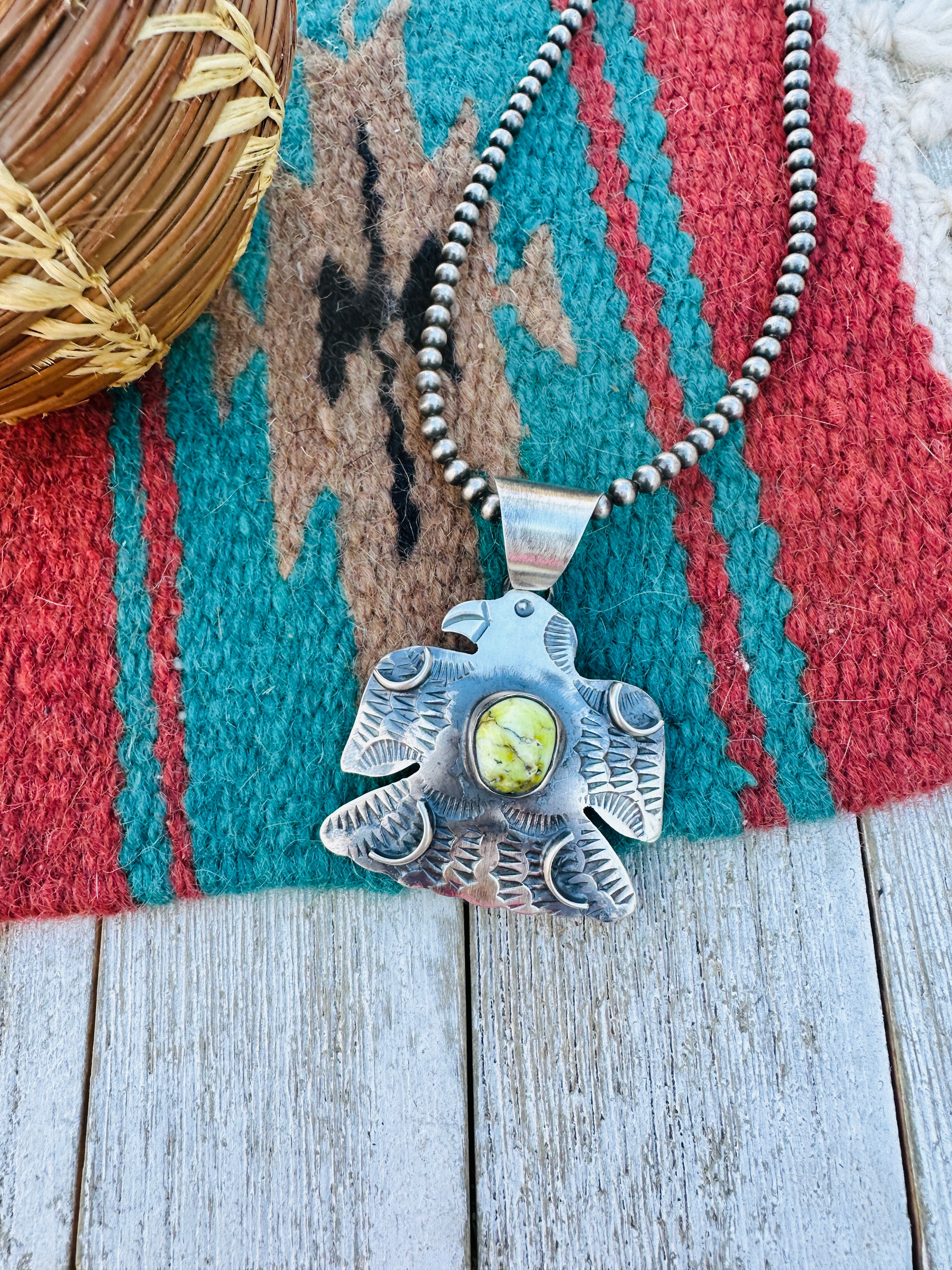 Handcrafted Sterling Silver & Palomino Turquoise Thunderbird Pendant by Chimney Butte