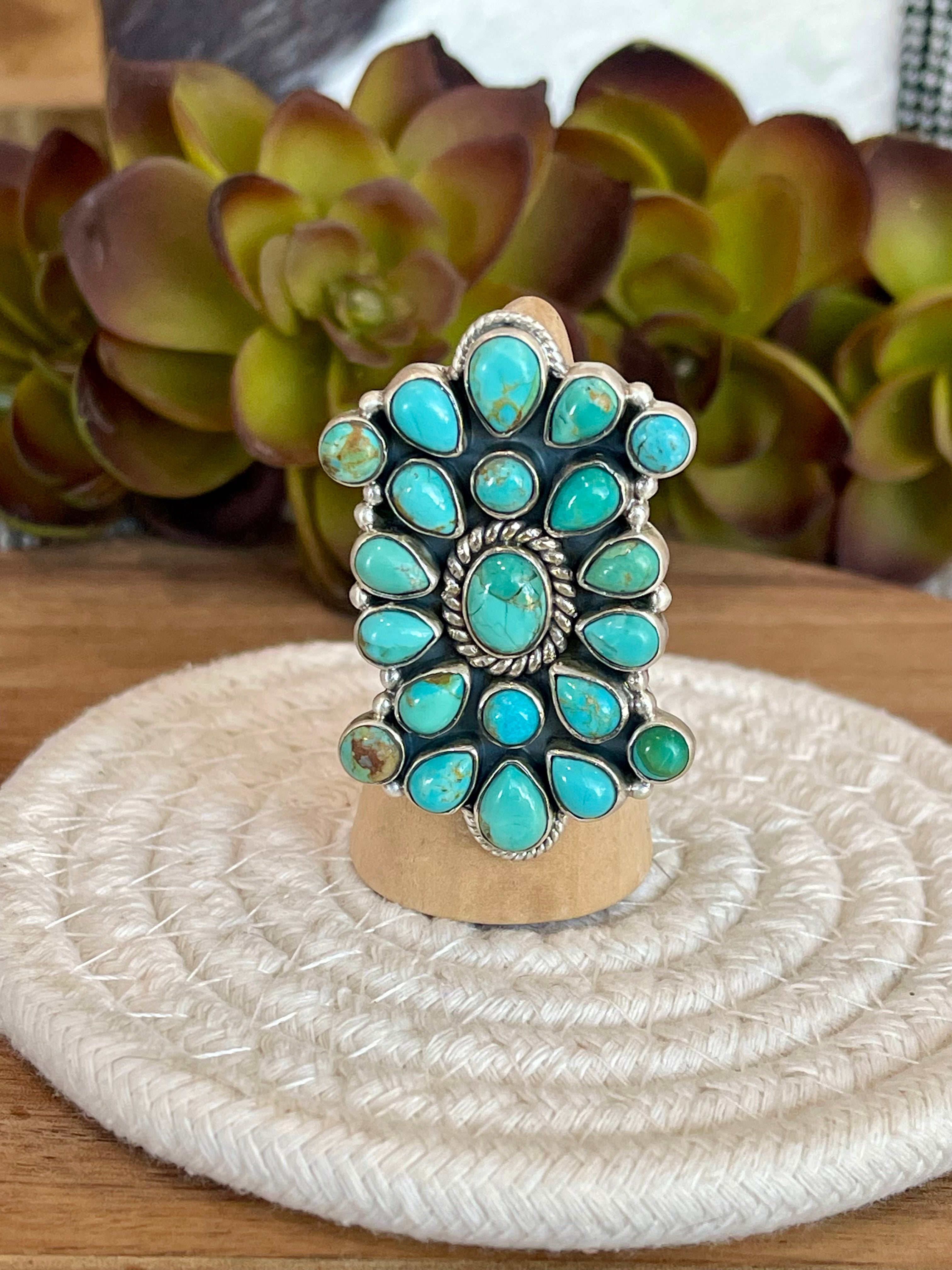 Handmade Turquoise & Sterling Adjustable Cluster Ring