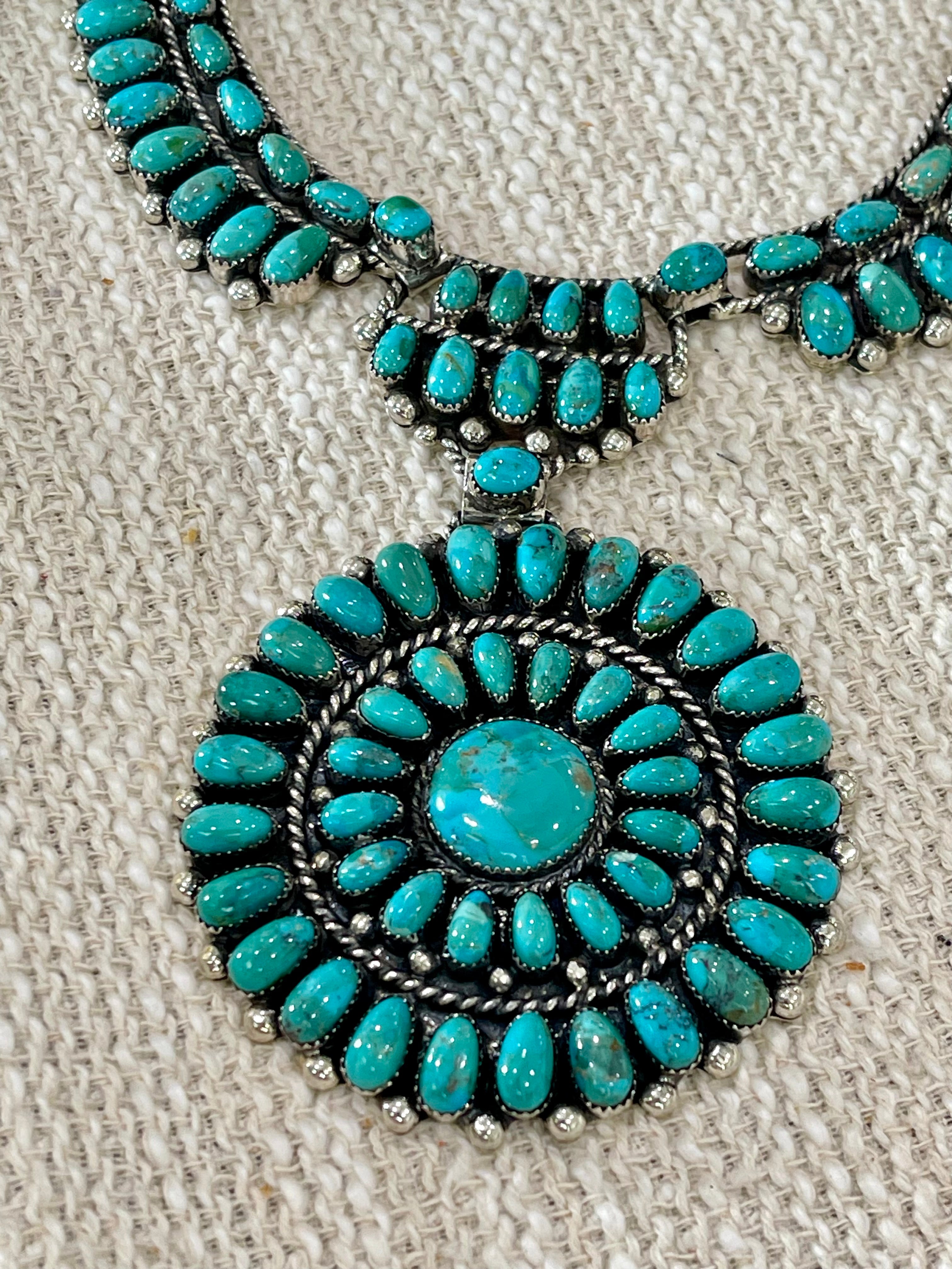 Beautiful Handmade Sterling Silver & Turquoise Cluster Necklace And Earring Set