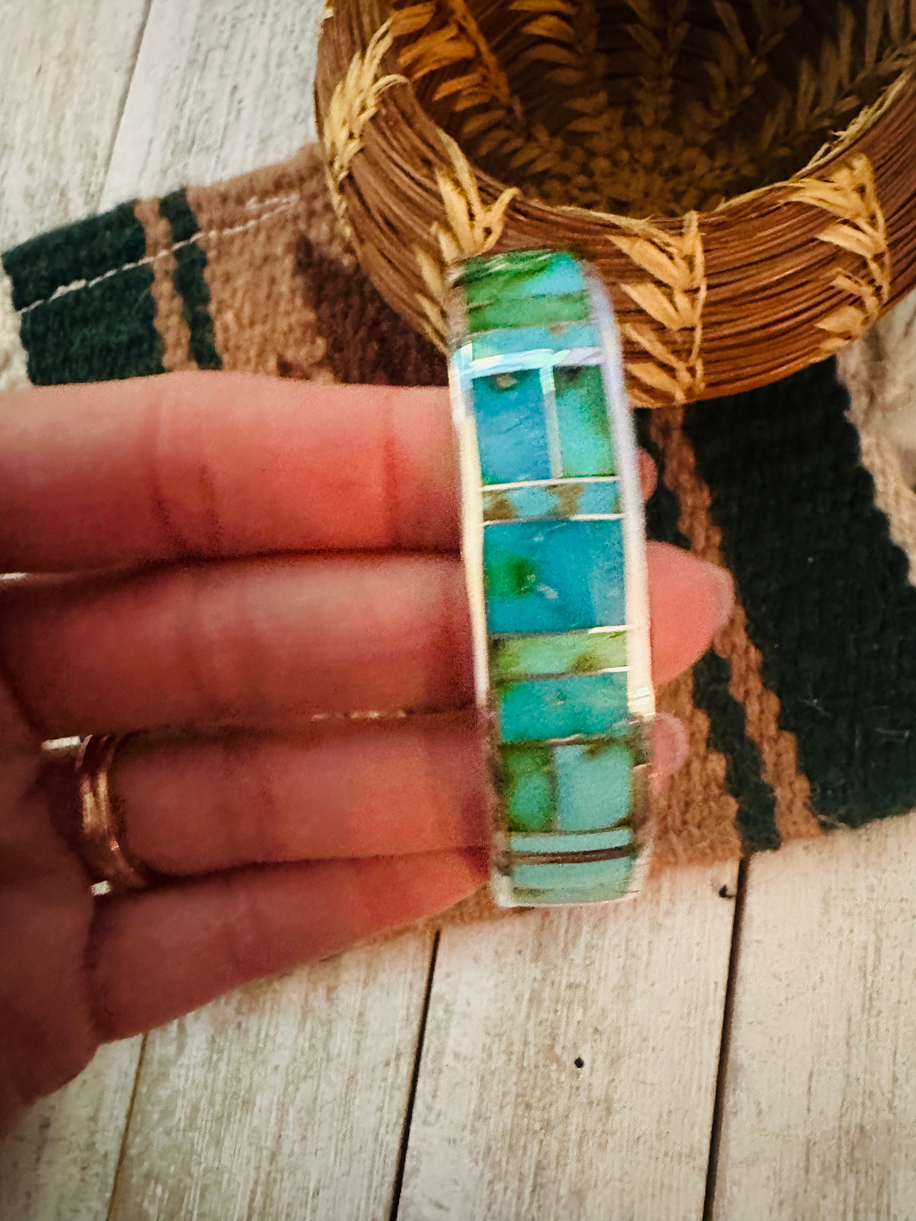 Navajo Sonoran Mountain Turquoise & Sterling Silver Inlay Cuff Bracelet /