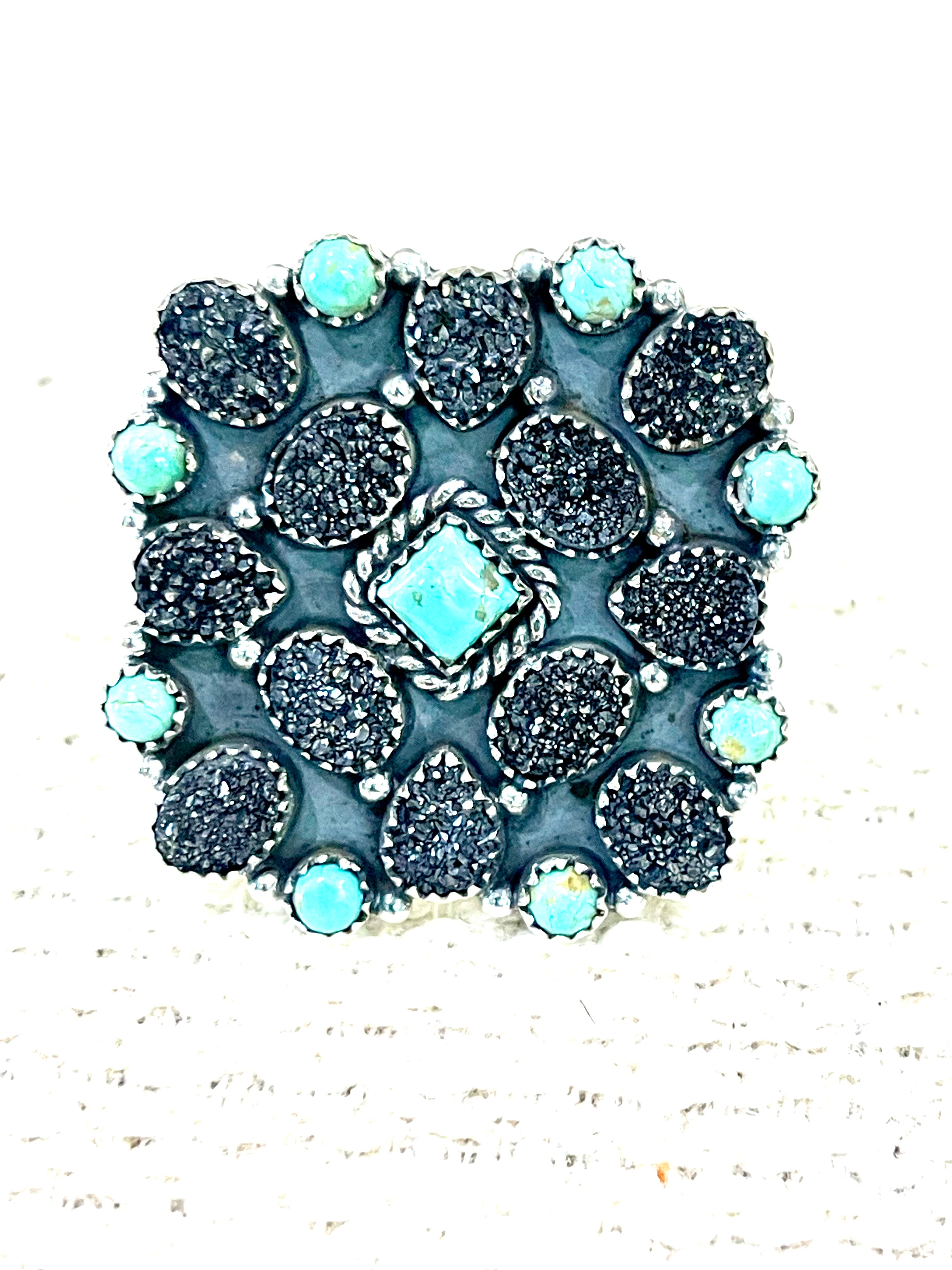Handcrafted Sterling Silver, Kingman Turquoise & Druzy Adjustable Cluster Ring