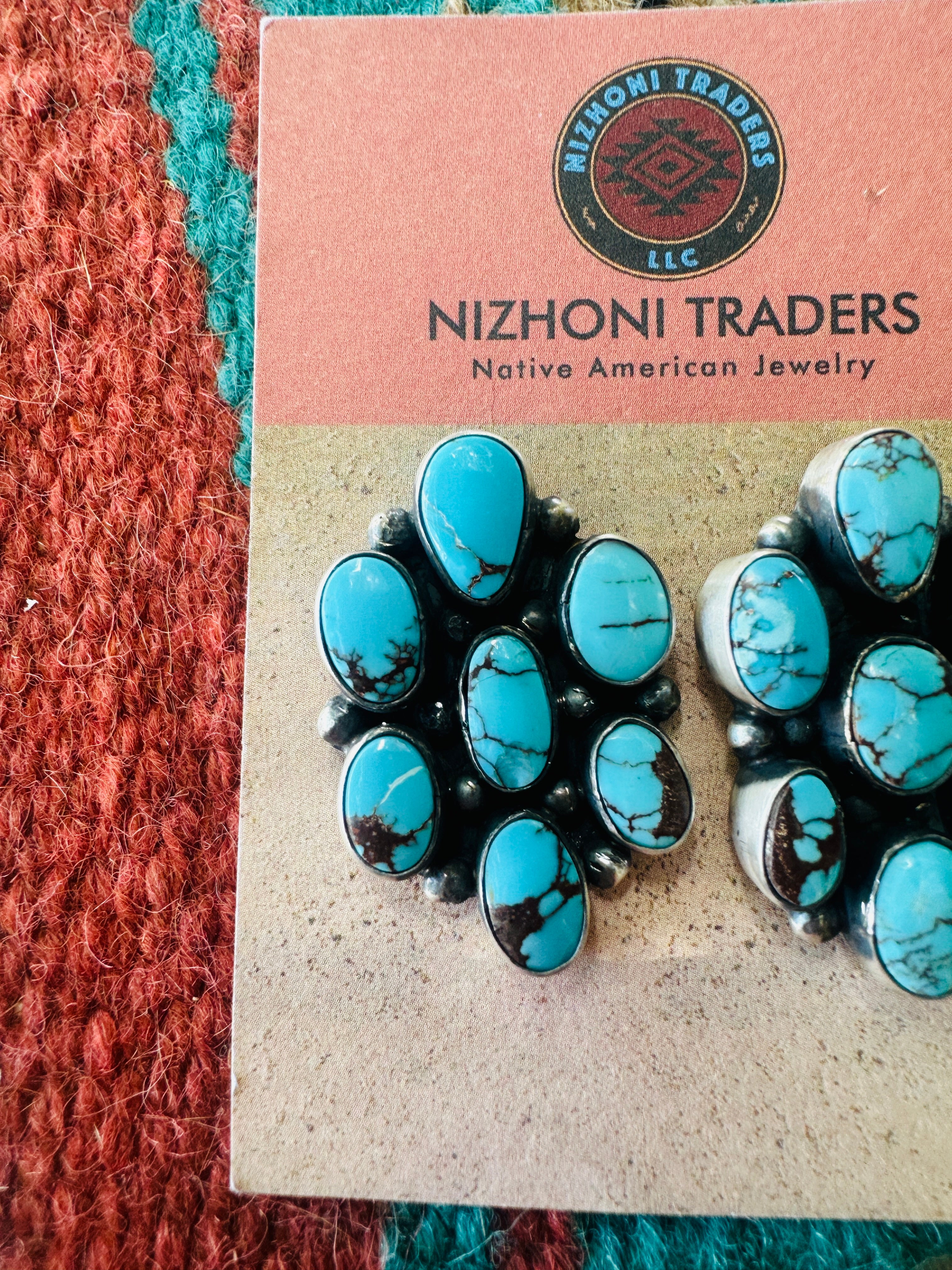 Handcrafted Sterling Silver & Kingman Web Turquoise Cluster Post Earrings