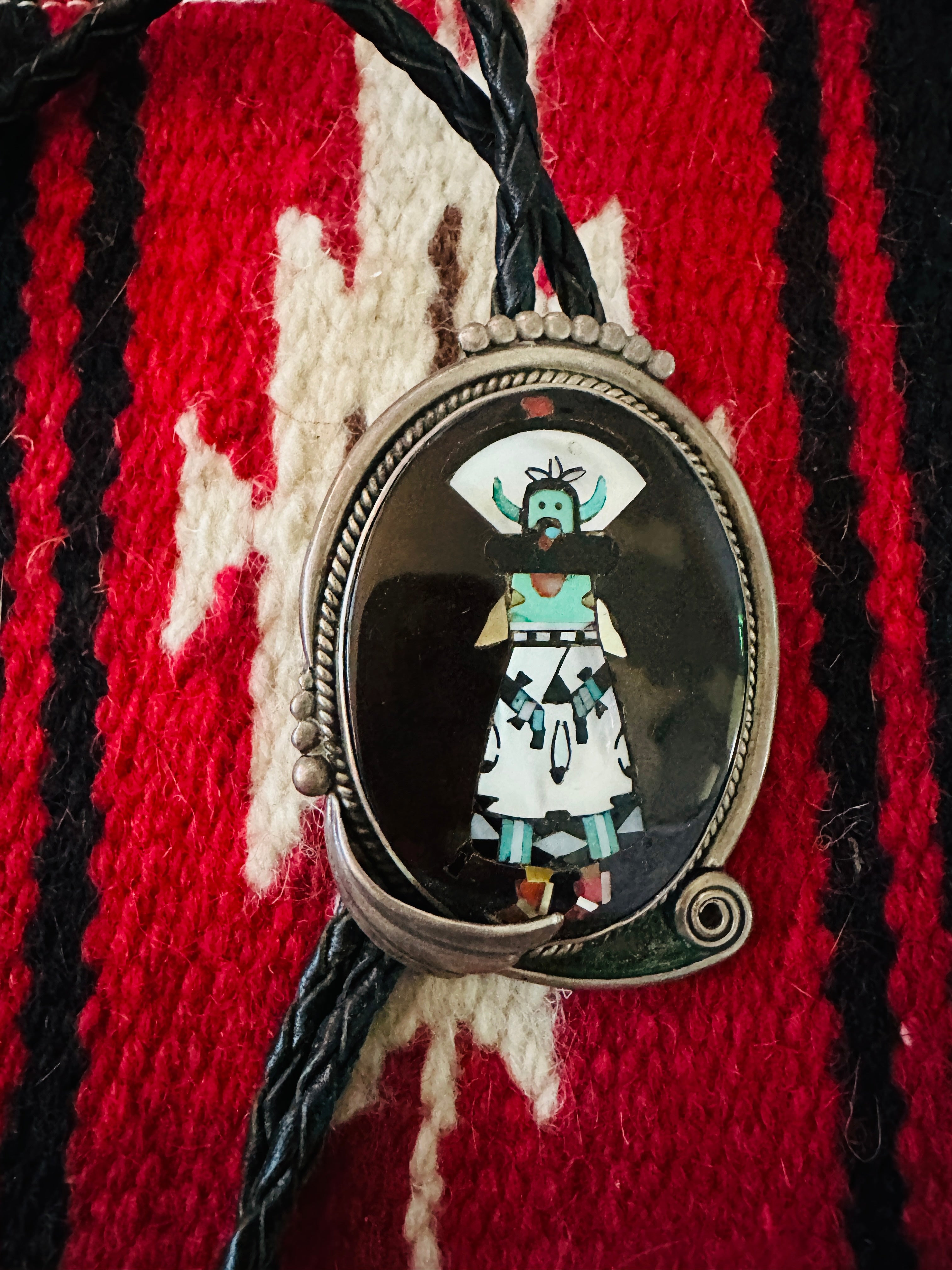 Vintage Old Pawn Sterling Silver & Multi Stone Inlay Bolo Tie