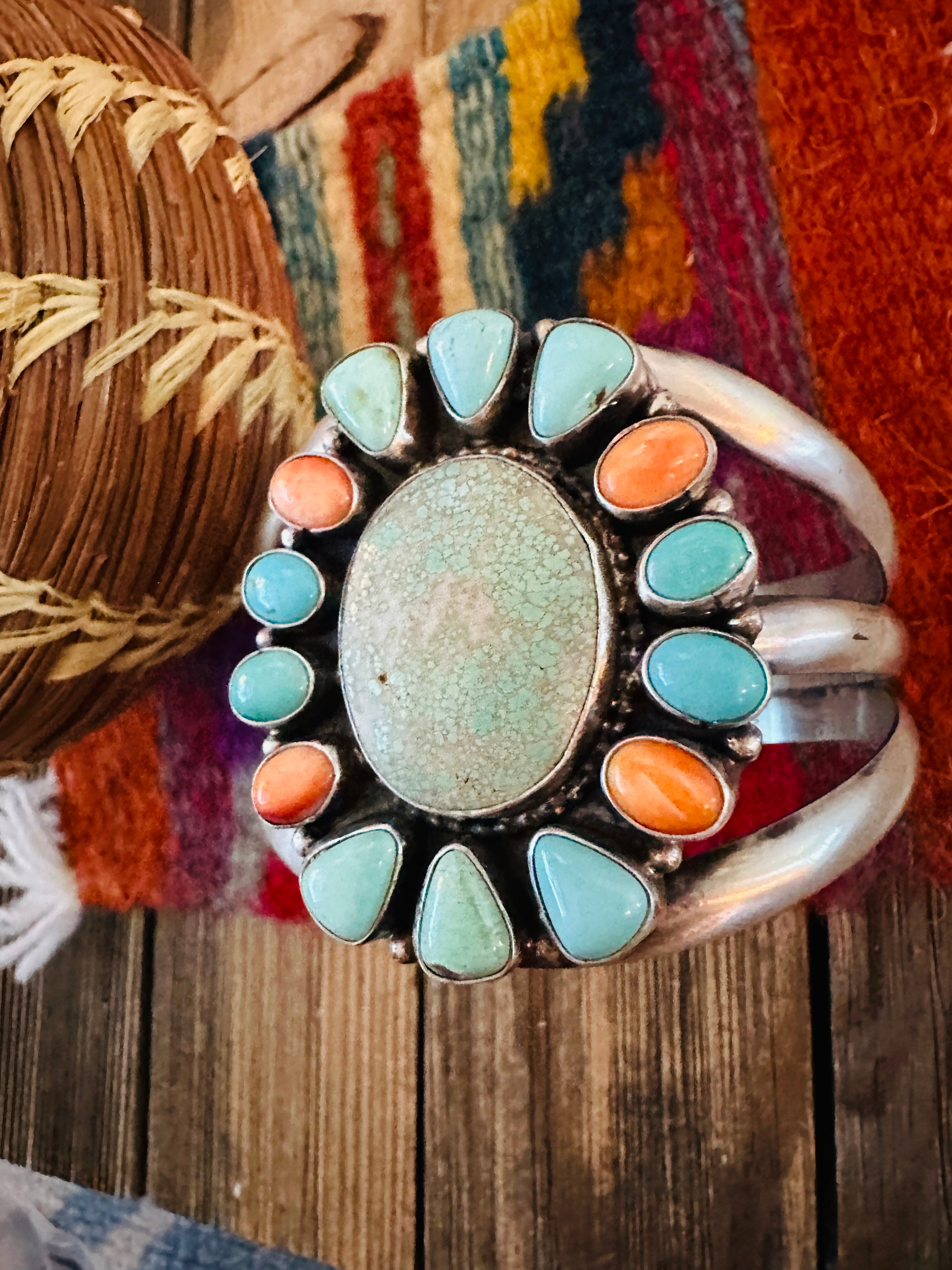 Handcrafted Dry Creek Turquoise, Orange Spiny & Sterling Silver Cuff Bracelet by Sheila Becenti