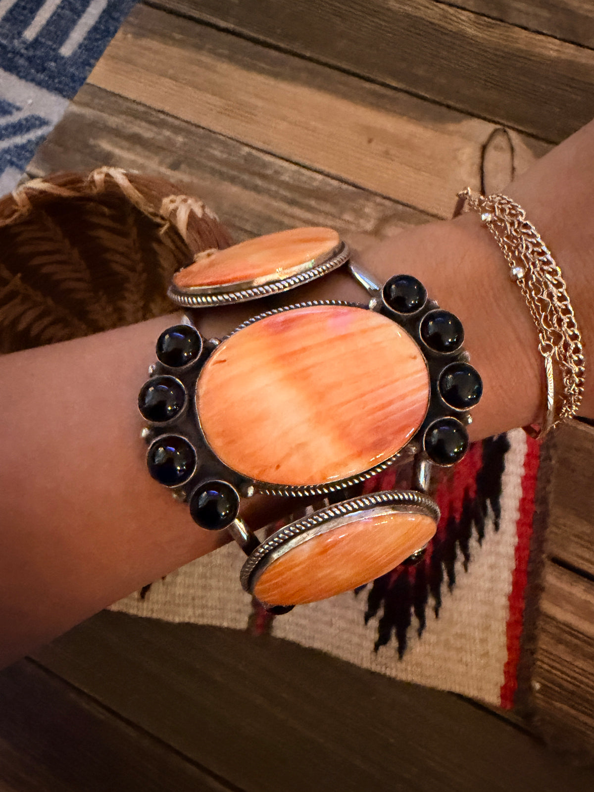 Handcrafted Orange Spiny, Onyx & Sterling Silver Cuff Bracelet by Lorenzo Arviso Jr.
