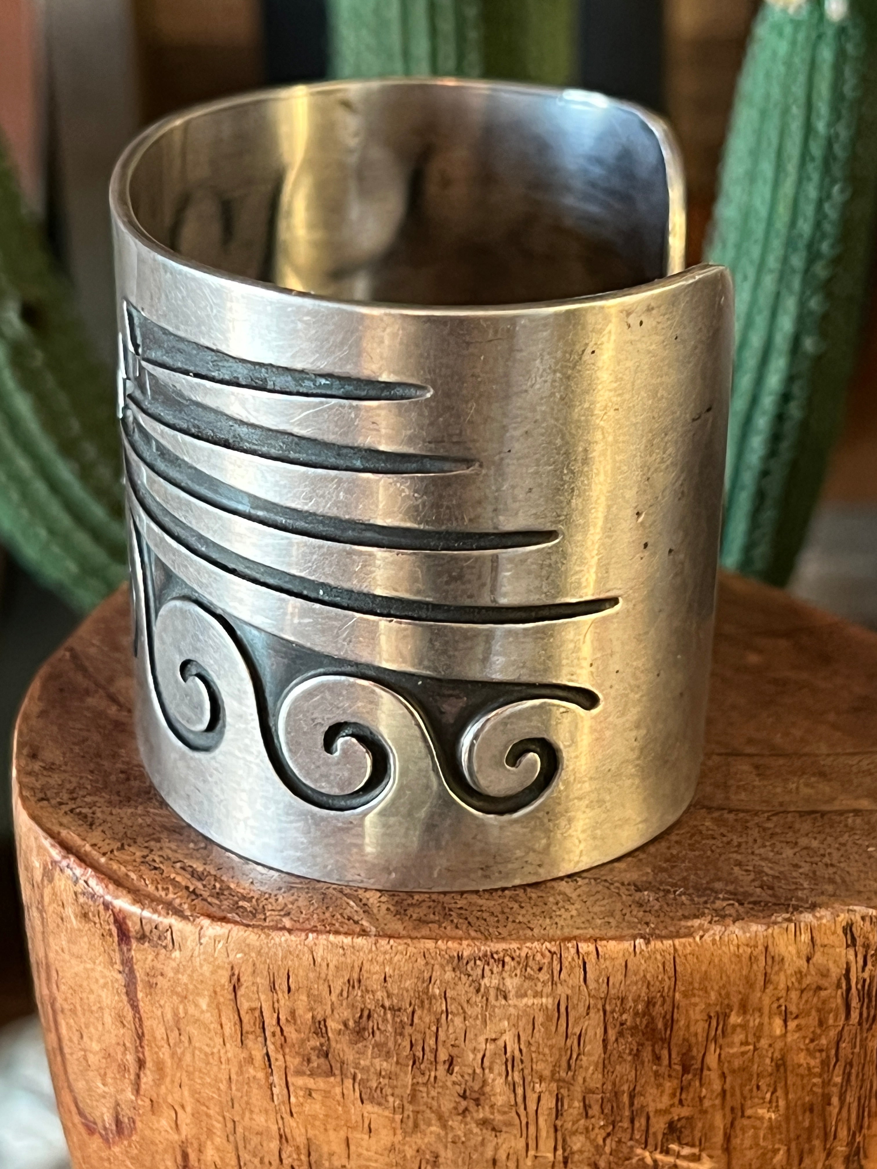 Handcrafted Old Pawn Sterling Silver Water Design Overlay Cuff, Unsigned