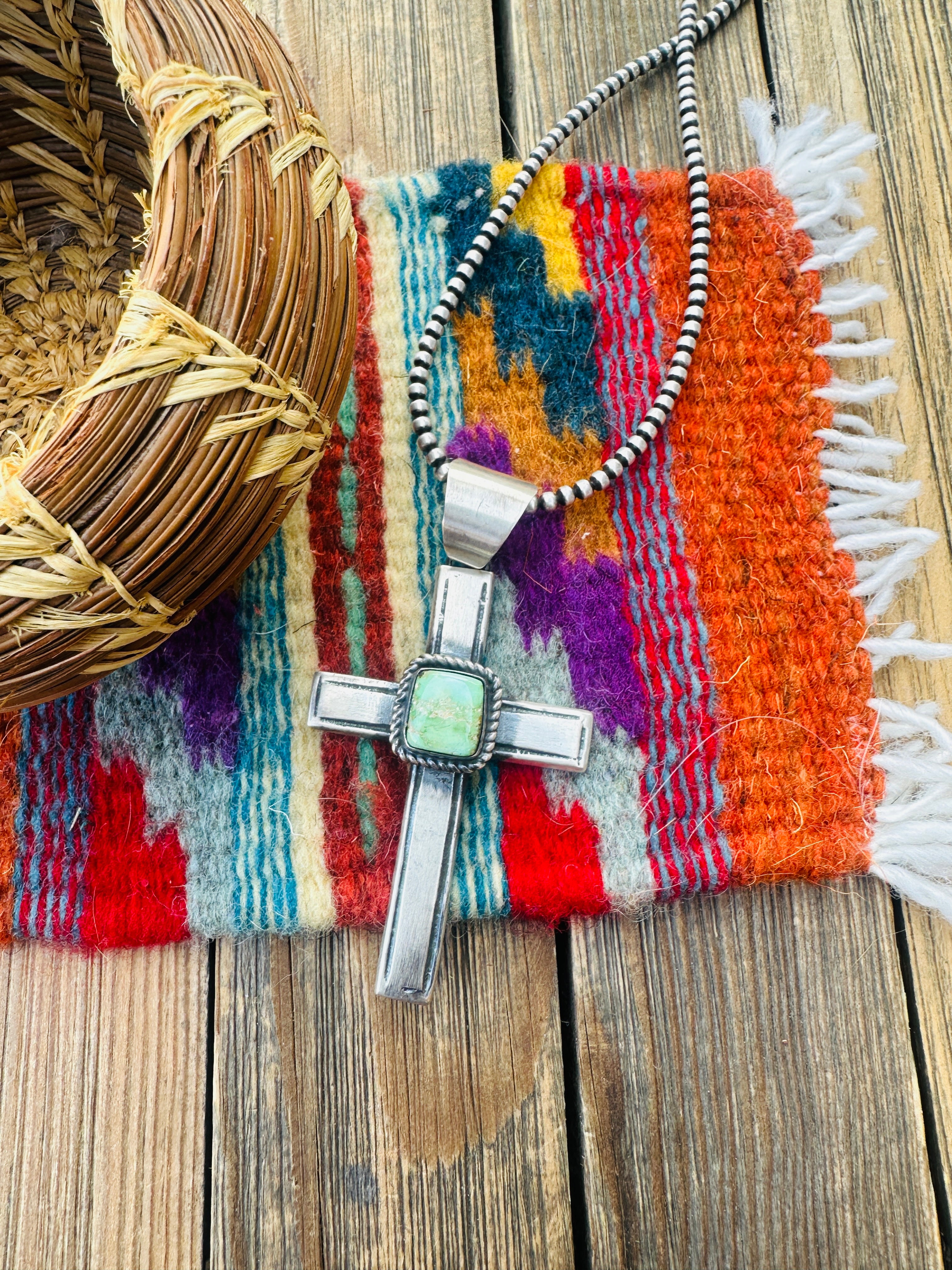 Handcrafted Sonoran Mountain Turquoise & Sterling Silver Cross Pendant by Chimney Butte
