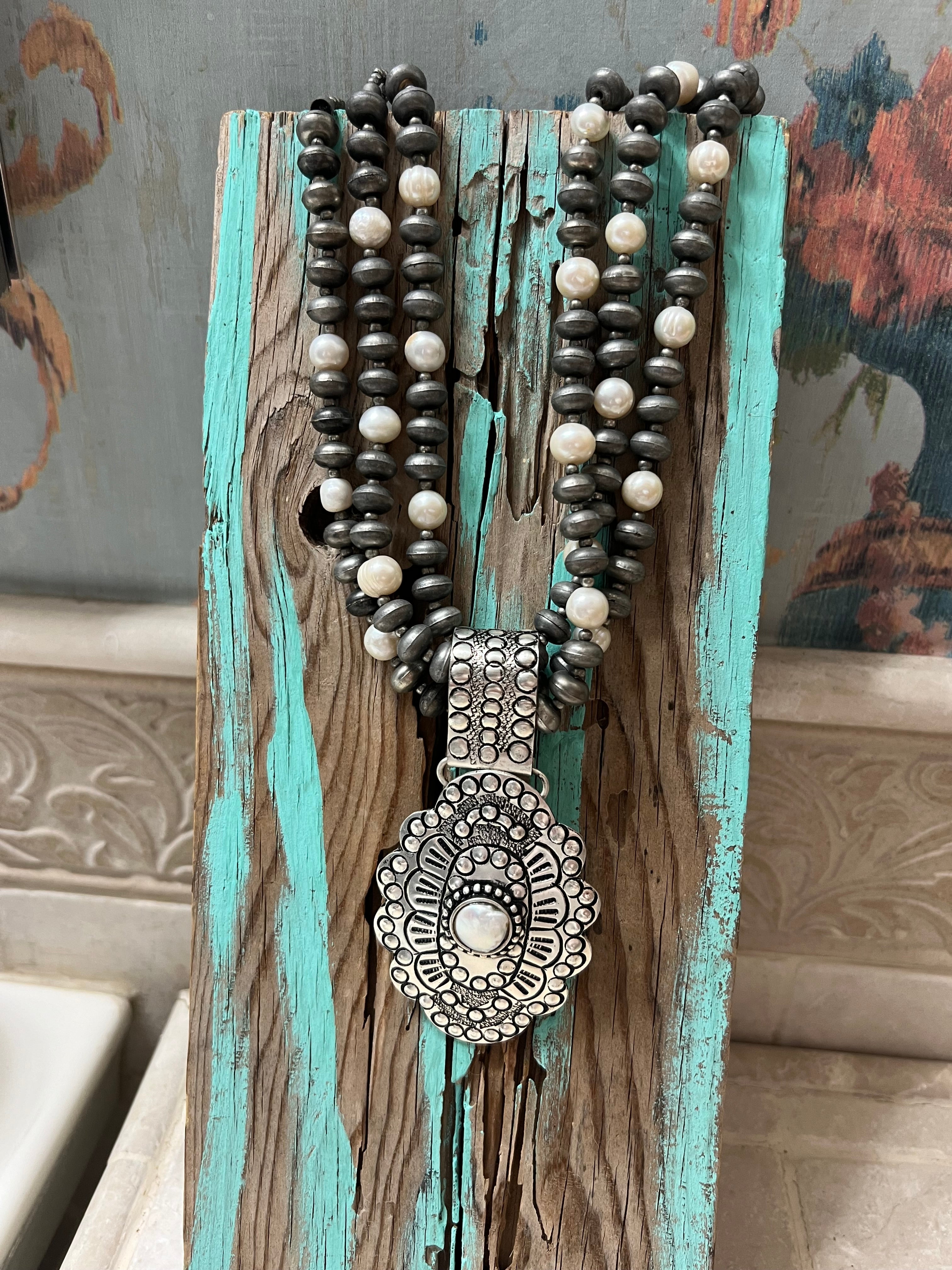 Silver-Plated Three Strand Brass Concho Pearl Necklace