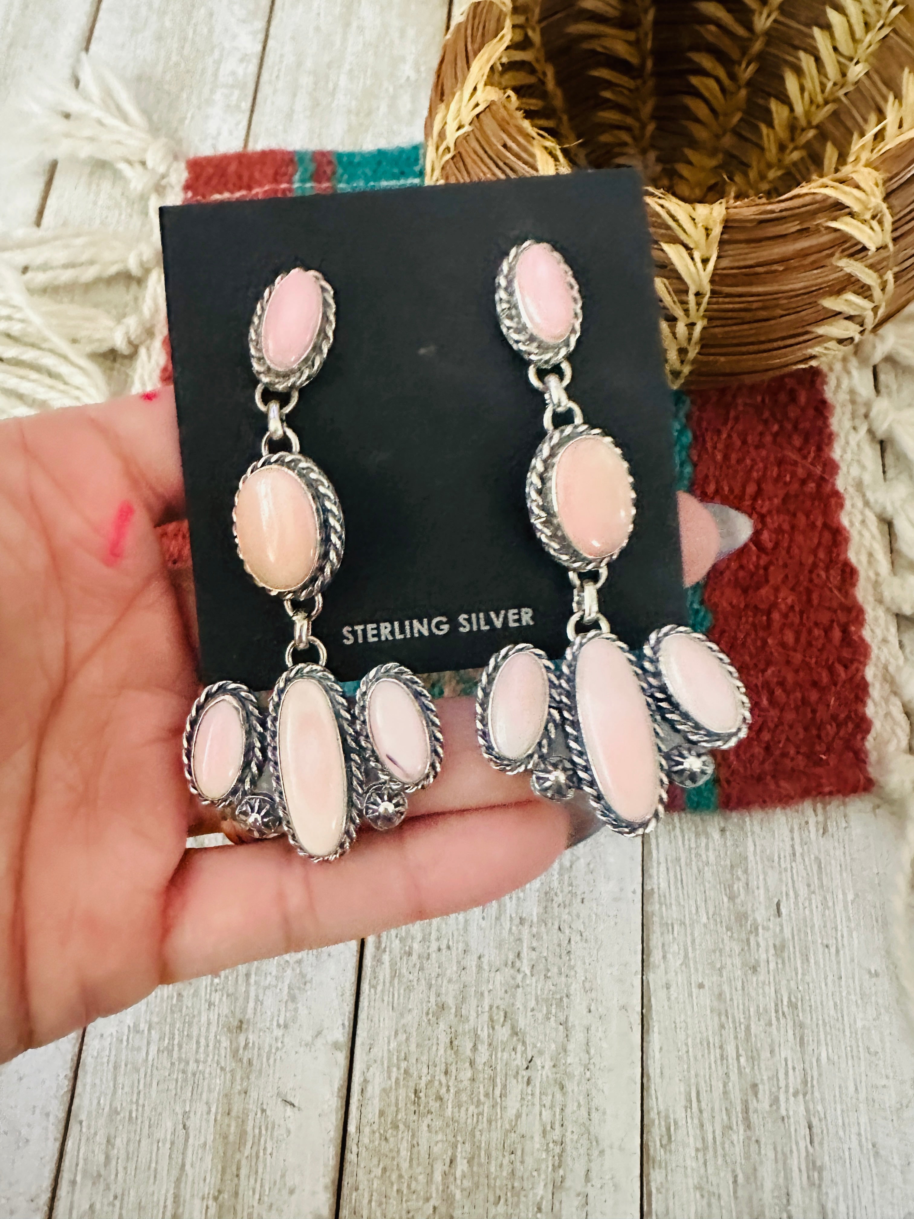 Handcrafted Queen Pink Conch & Sterling Silver Dangle Earrings