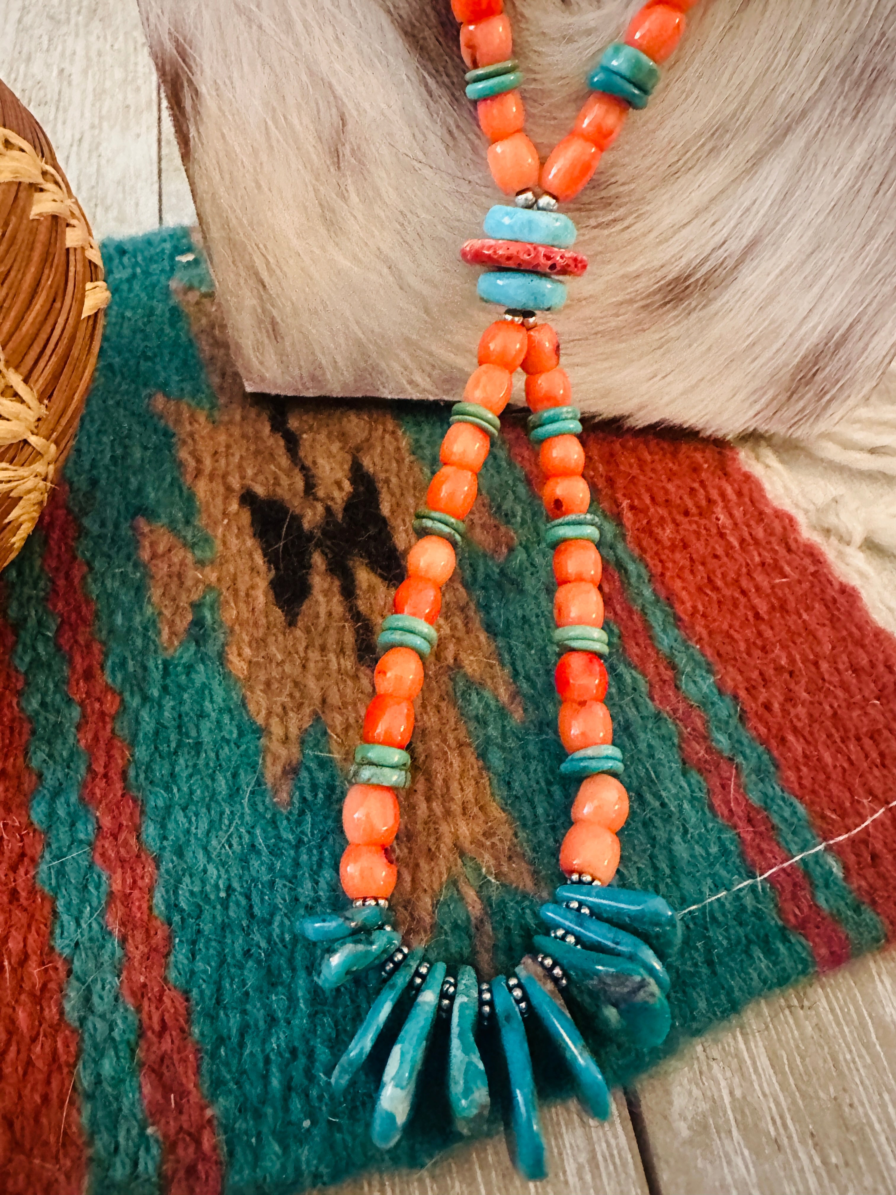 Handcrafted Spiny Oyster, Turquoise & Sterling Silver Beaded Jacla Necklace
