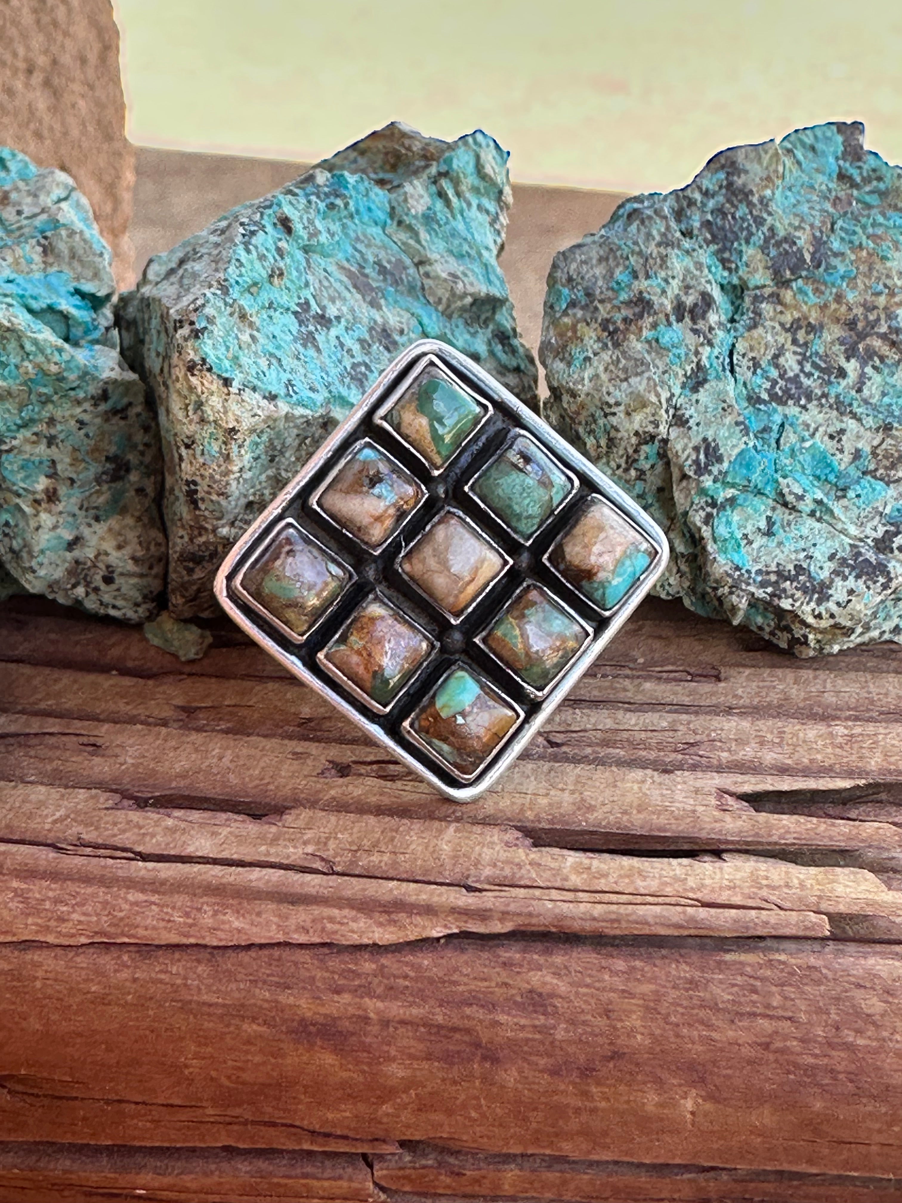 Beautiful Handmade Sterling Silver And Royston Turquoise Square Adjustable Ring