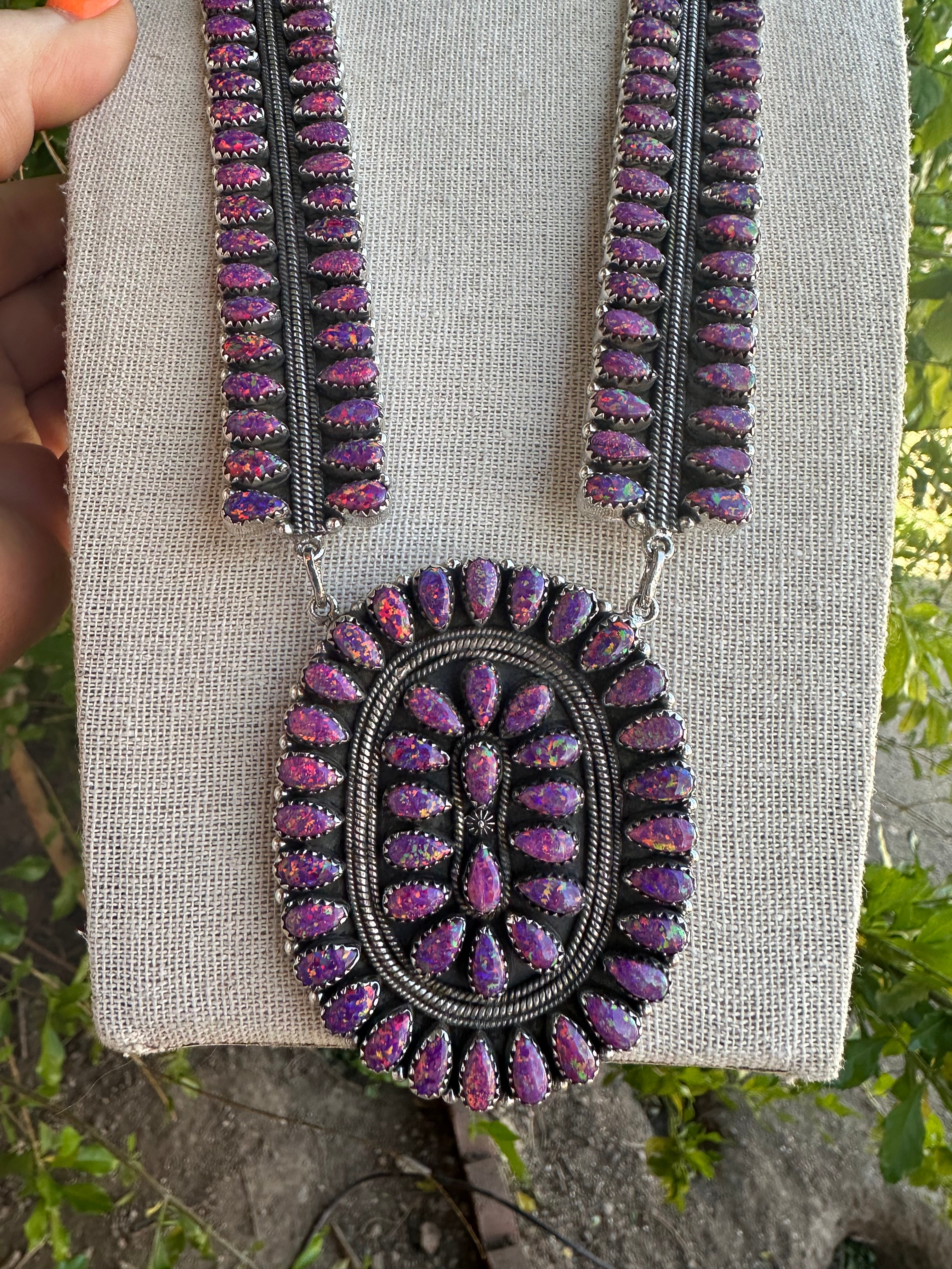 Handmade Dark Pink & Purple Fire Opal & Sterling Silver Statement Necklace