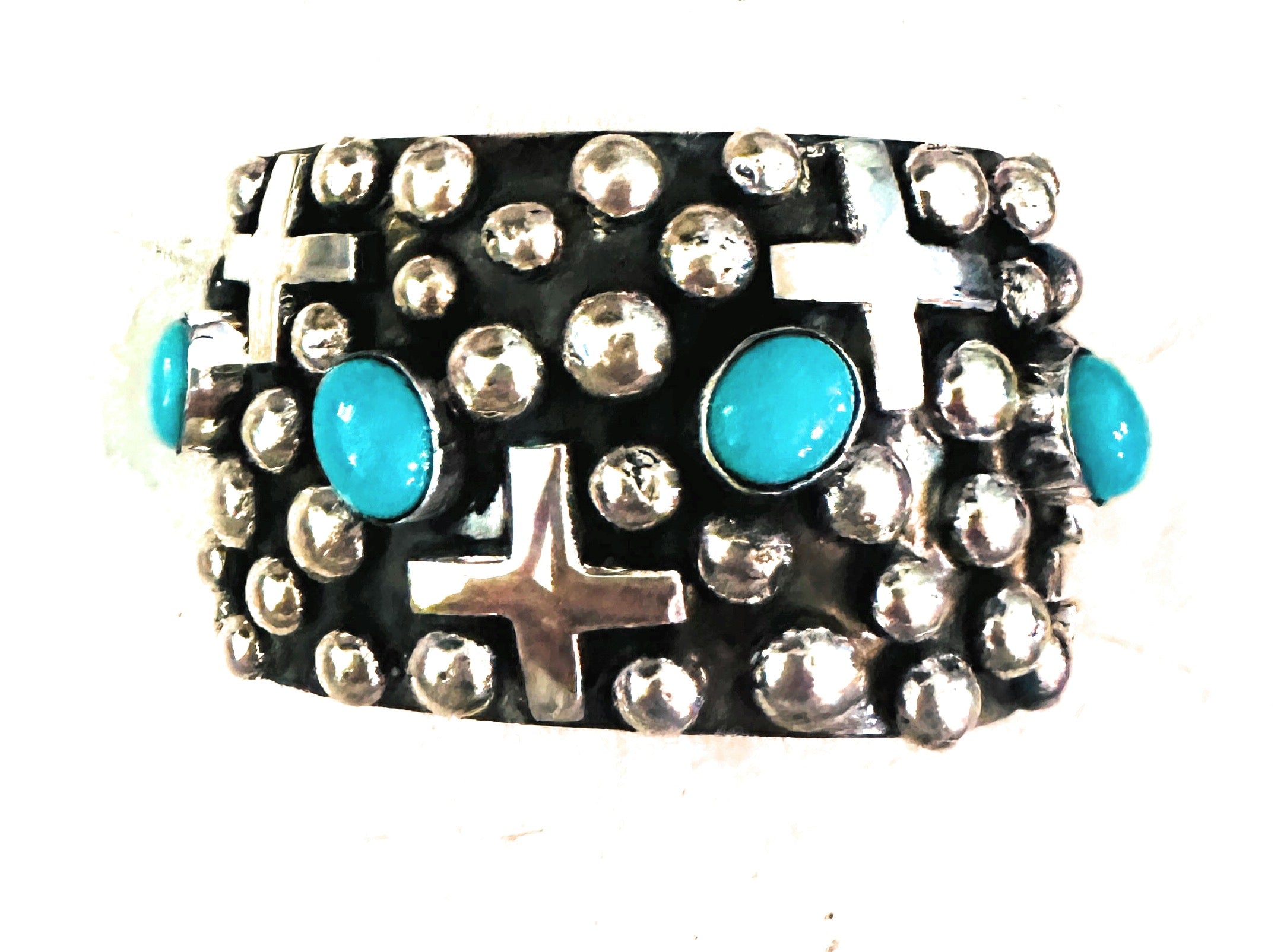 Navajo Turquoise & Sterling Silver Cross Cuff Bracelet By Chimney Butte /