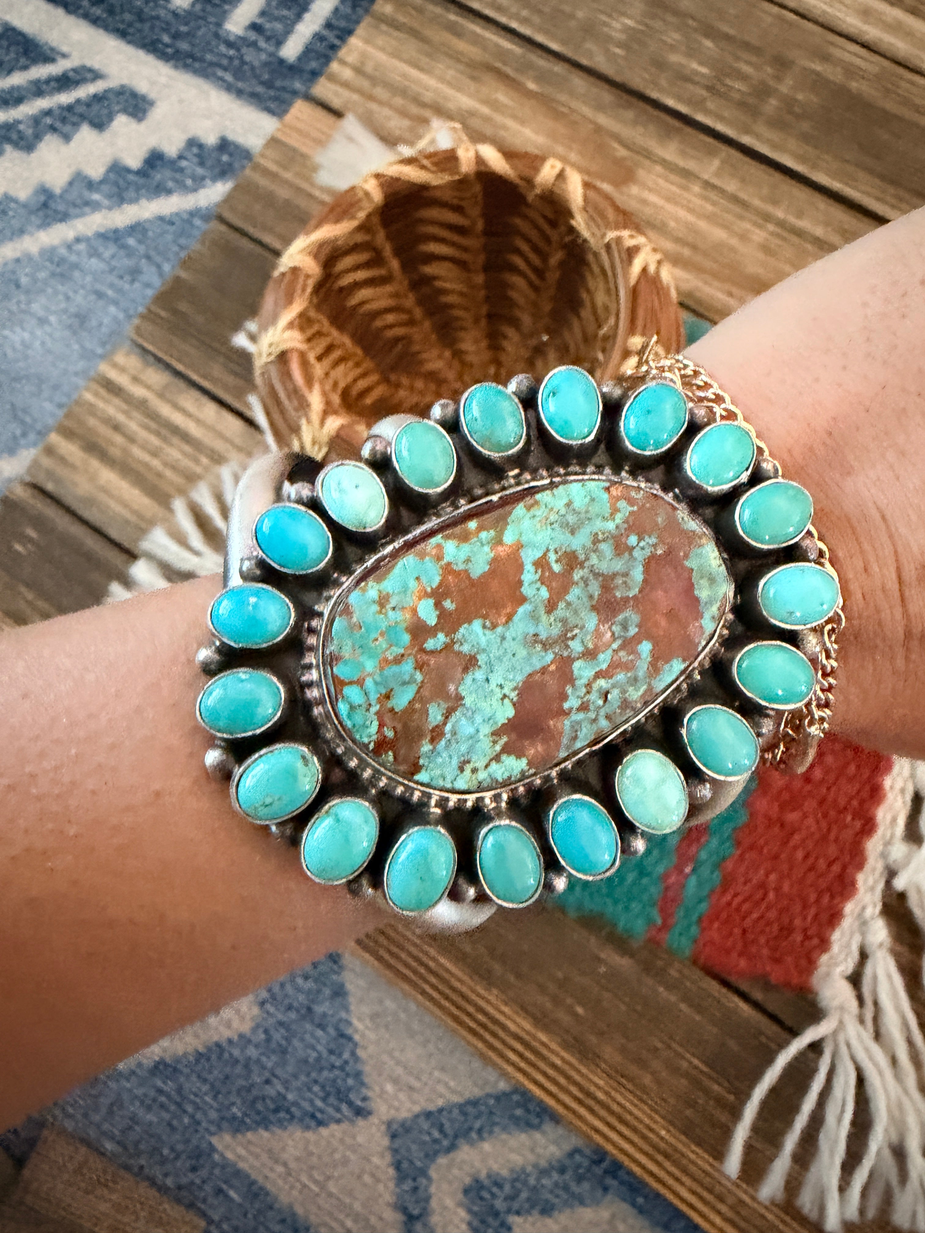 Handcrafted Royston Turquoise & Sterling Silver Cluster Cuff Bracelet by Bobby Johnson